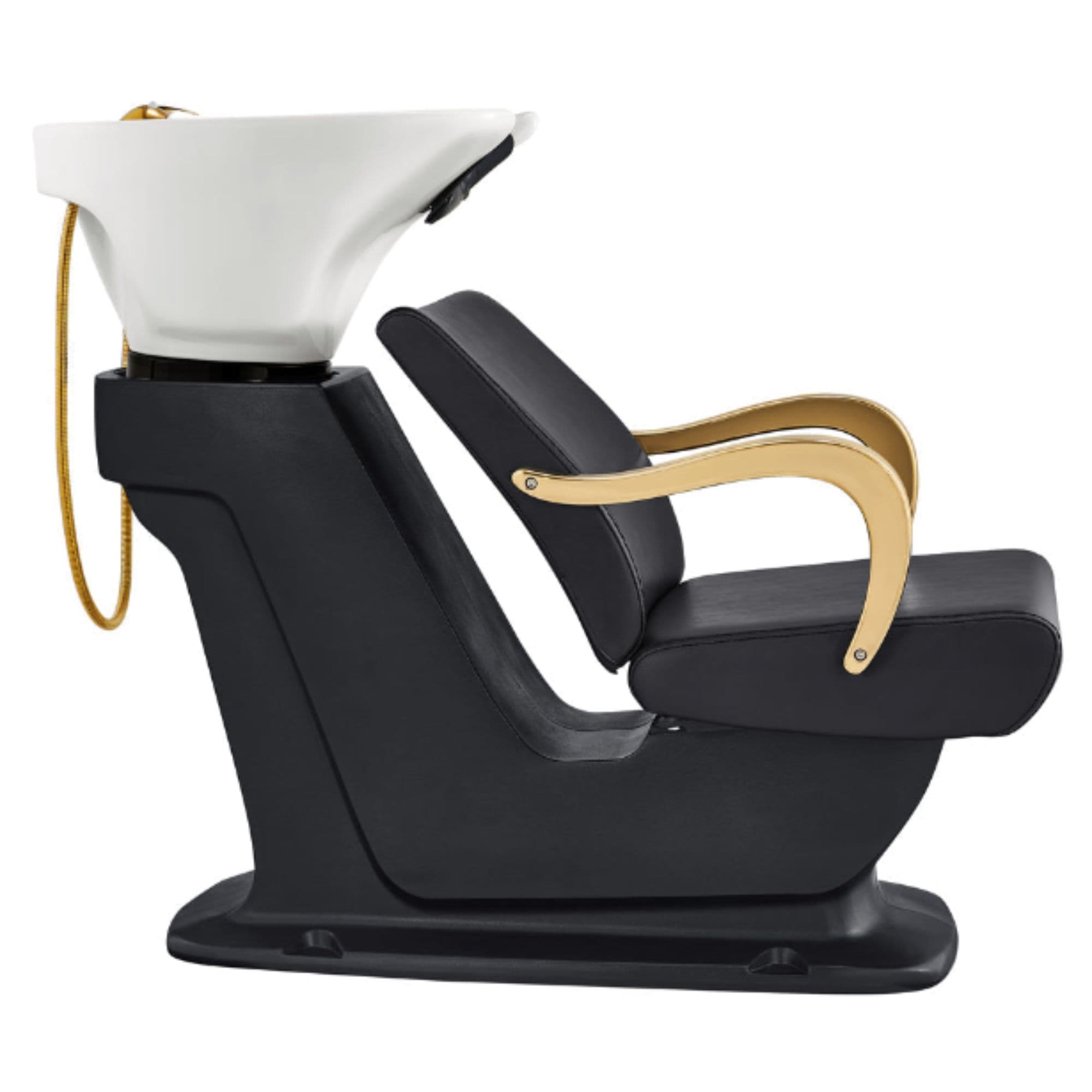 DIR Beckman Gold Shampoo Chair with Adjustable Seat Black Side View With  White Single Wash Sink On Clean Background
