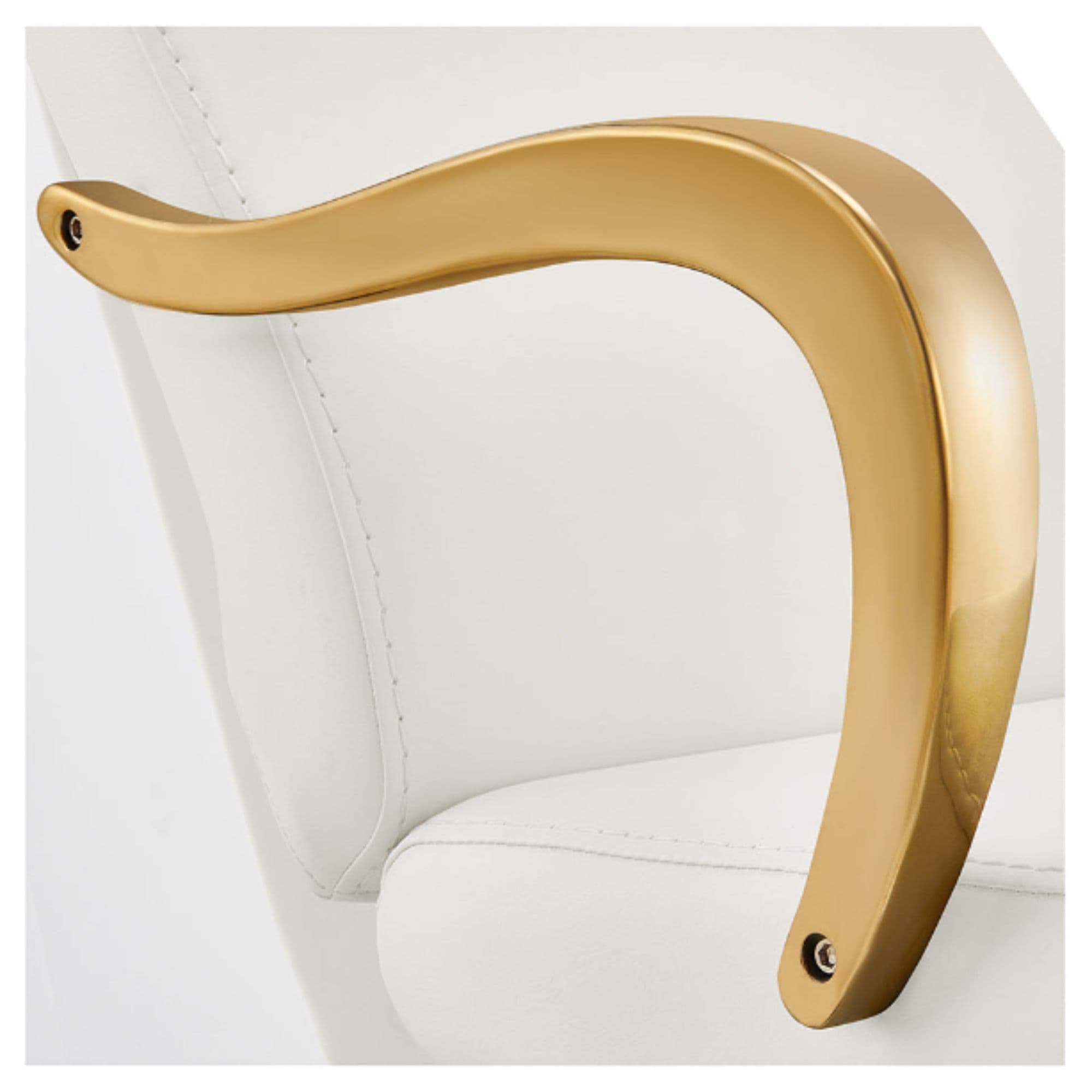 DIR Beckman Gold Shampoo Chair with Adjustable Seat Close-Up View Of Armrest Design With White Upholstery