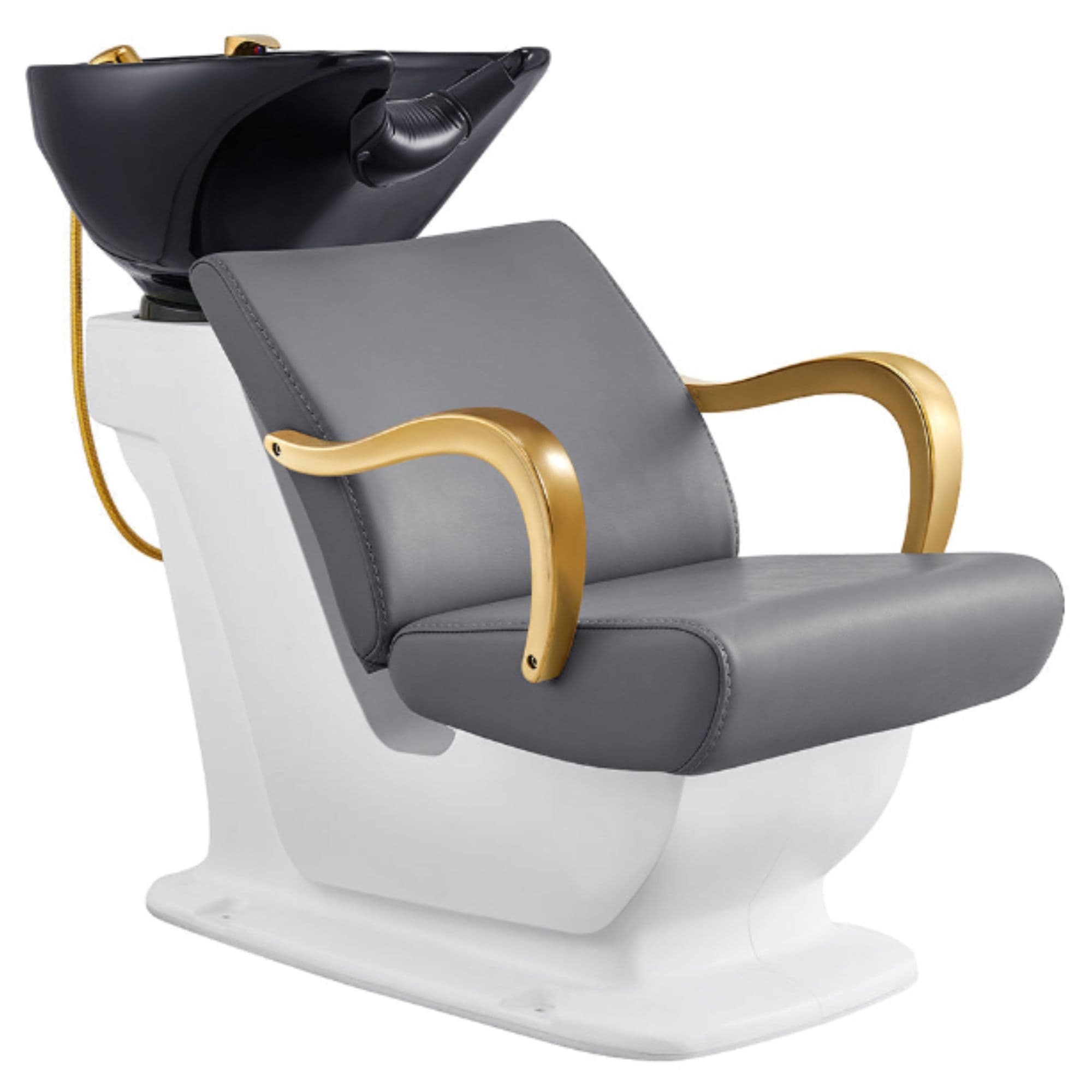 DIR Beckman Gold Shampoo Chair with Adjustable Seat Gray Front Angled View With  Black Single Wash Sink On Clean Background