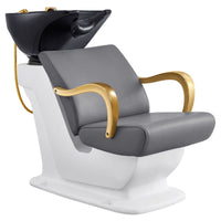 Thumbnail for DIR Beckman Gold Shampoo Chair with Adjustable Seat Gray Front Angled View With  Black Single Wash Sink On Clean Background