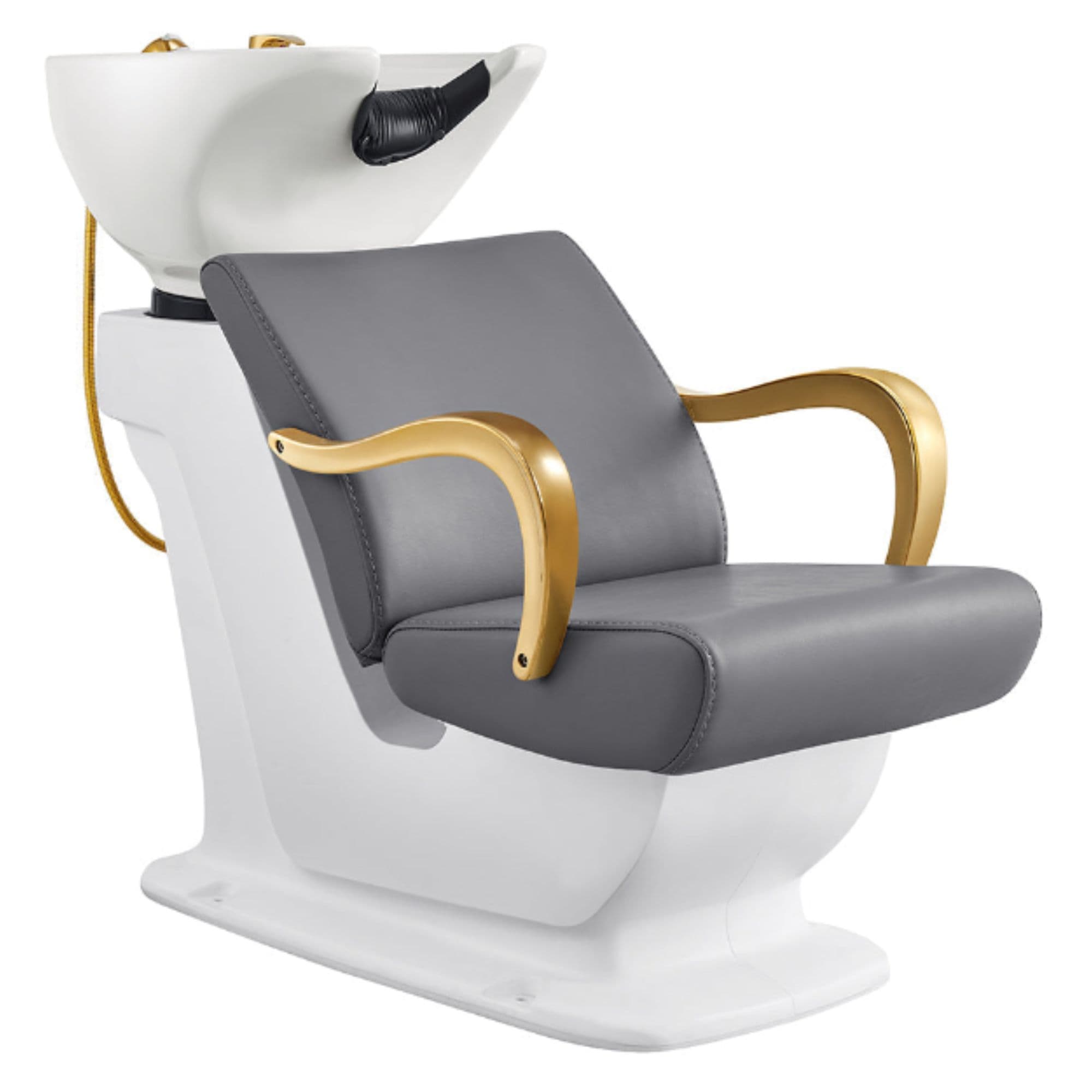 DIR Beckman Gold Shampoo Chair with Adjustable Seat Gray Front Angled View With White Single Sink On White Background