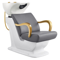 Thumbnail for DIR Beckman Gold Shampoo Chair with Adjustable Seat Gray Front Angled View With White Single Sink On White Background