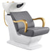 DIR Beckman Gold Shampoo Chair with Adjustable Seat Gray Front Angled View With White Single Sink On White Background