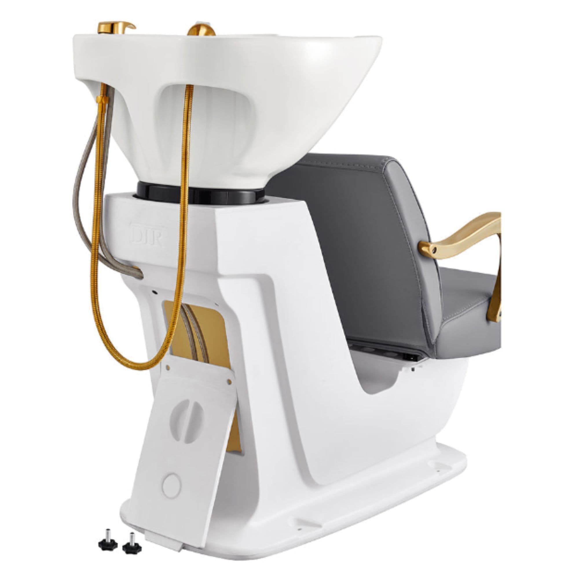 DIR Beckman Gold Shampoo Chair with Adjustable Seat Gray Rear View With White Single Wash Sink Assembly
