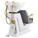 DIR Beckman Gold Shampoo Chair with Adjustable Seat Gray Rear View With White Single Wash Sink Assembly