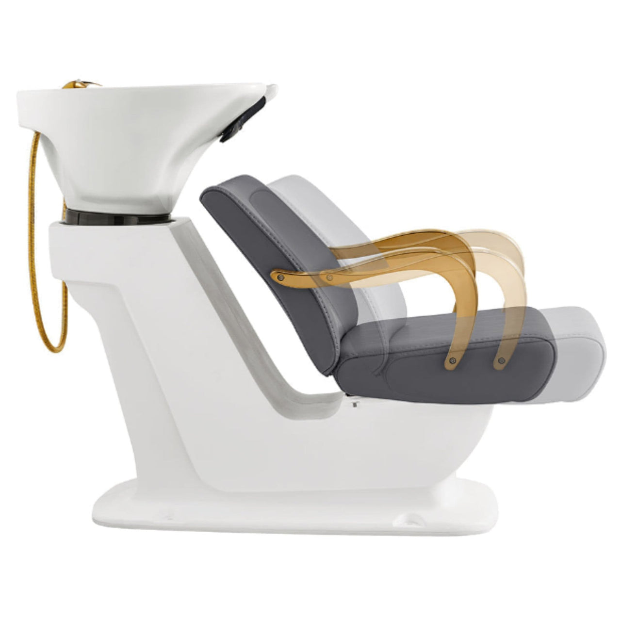 DIR Beckman Gold Shampoo Chair with Adjustable Seat Gray Side View With White Single Sink And Seat Demo On White Background
