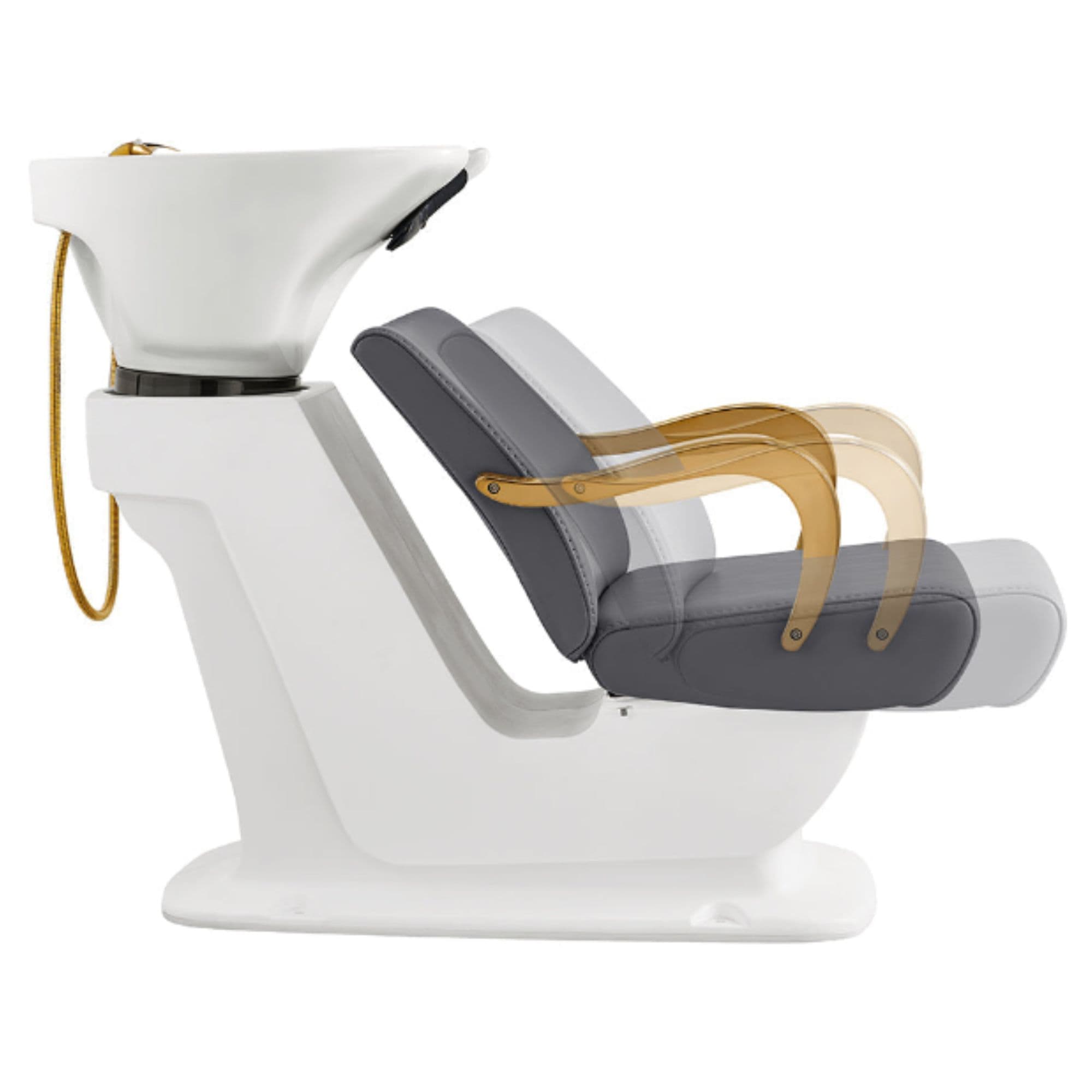 DIR Beckman Gold Shampoo Chair with Adjustable Seat Gray Side View With White Single Sink And Seat Demo On White Background