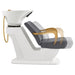 DIR Beckman Gold Shampoo Chair with Adjustable Seat Gray Side View With White Single Sink And Seat Demo On White Background