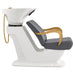 DIR Beckman Gold Shampoo Chair with Adjustable Seat Gray Side View With White Single Sink On White Background