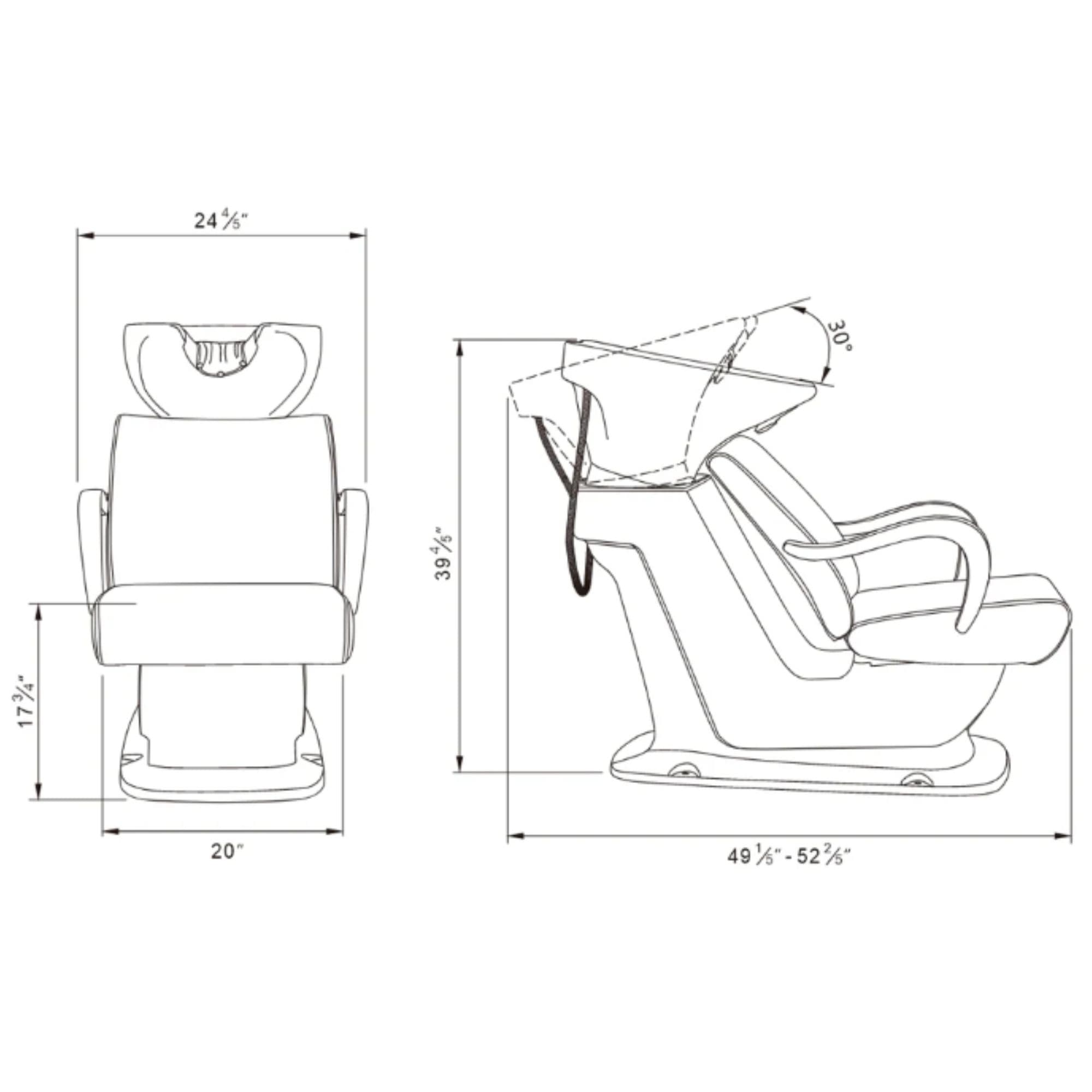 DIR Beckman Gold Shampoo Chair with Adjustable Seat Product Dimension Diagram