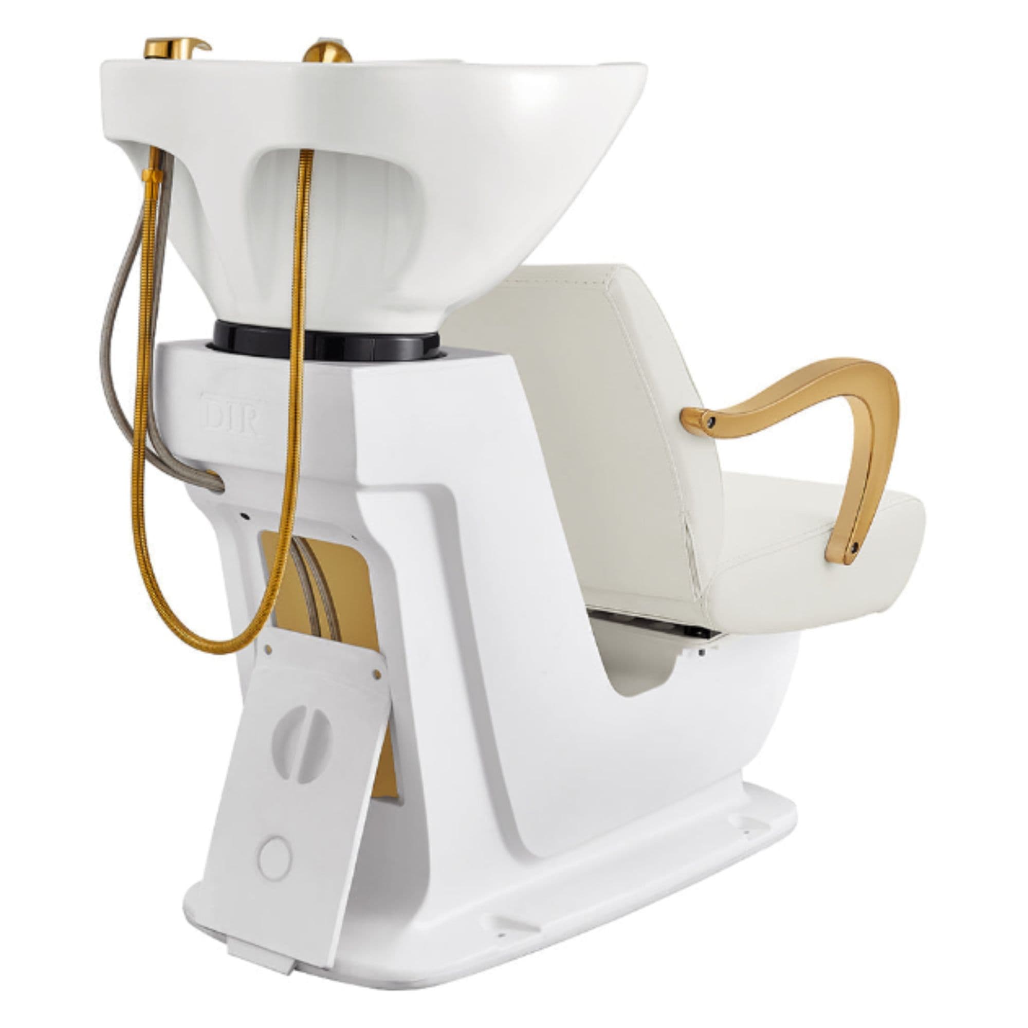 DIR Beckman Gold Shampoo Chair with Adjustable Seat White Rear View With White Single Sink Station Assembly