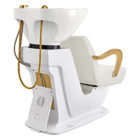 Thumbnail for DIR Beckman Gold Shampoo Chair with Adjustable Seat White Rear View With White Single Sink Station Assembly