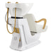 DIR Beckman Gold Shampoo Chair with Adjustable Seat White Rear View With White Single Sink Station Assembly