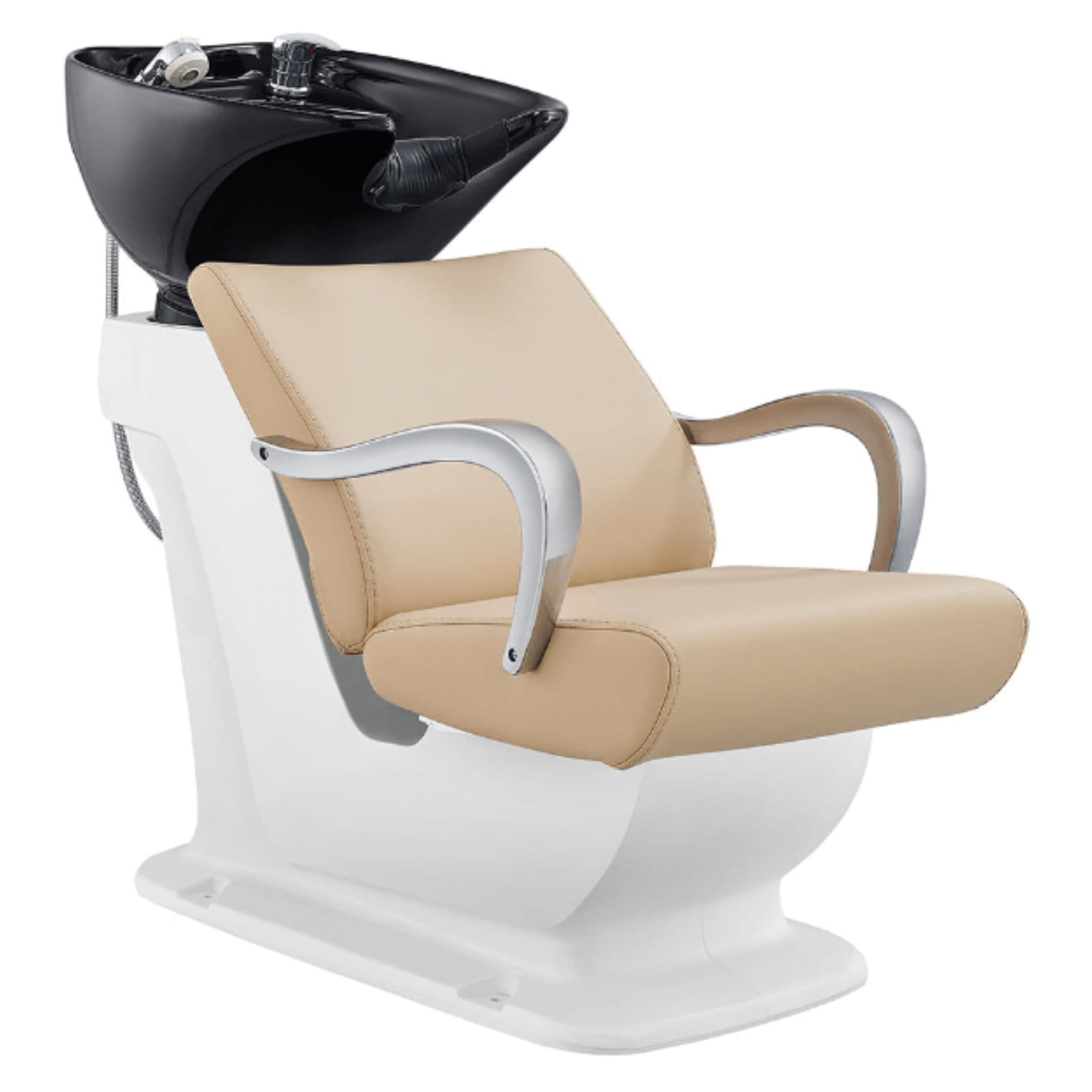 DIR Beckman Salon Shampoo Unit with Adjustable Seat Beige Front Angled View With Black Single Wash Sink On Clean Background