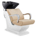 DIR Beckman Salon Shampoo Unit with Adjustable Seat Beige Front Angled View With Black Single Wash Sink On Clean Background