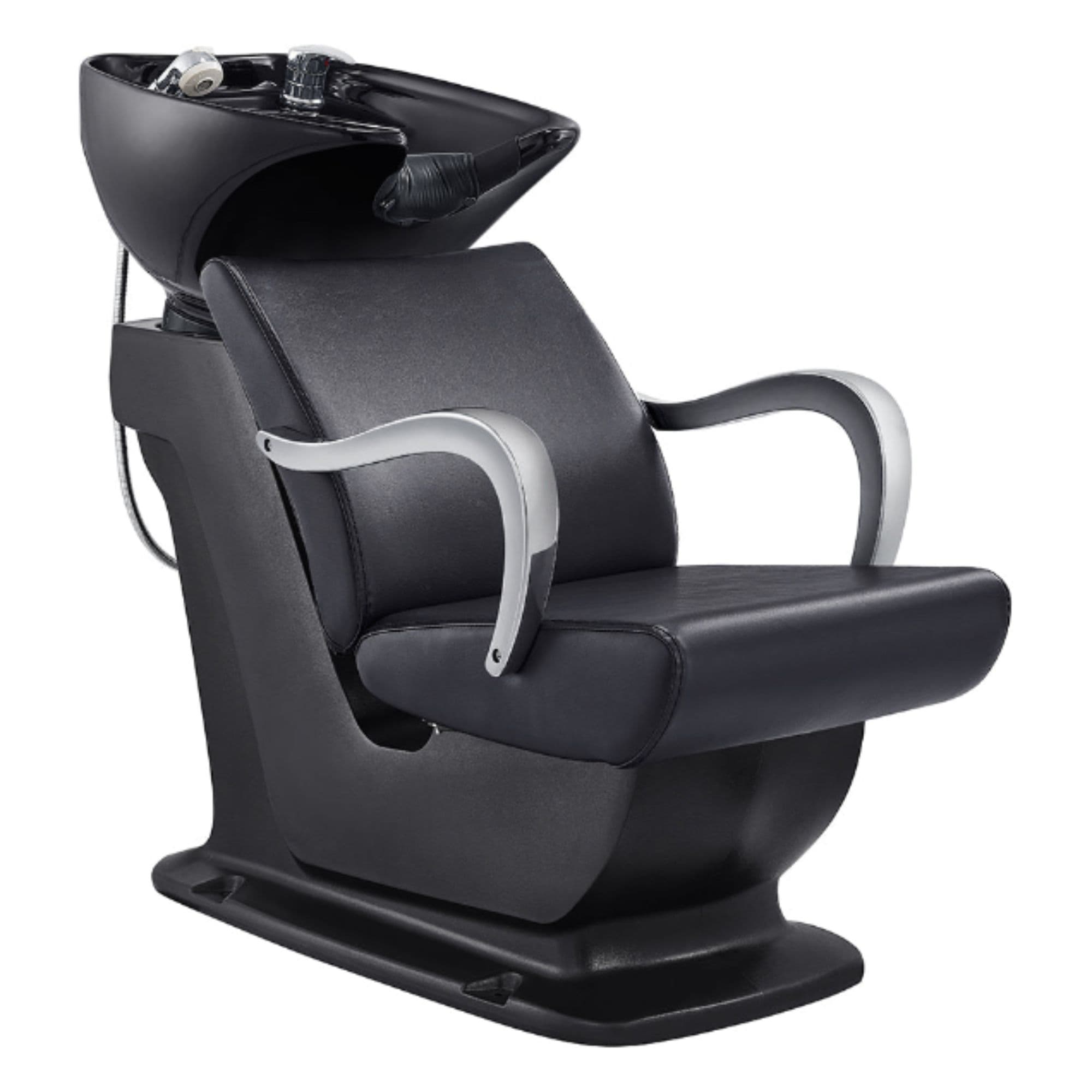 DIR Beckman Salon Shampoo Unit with Adjustable Seat Black Front Angled View With Black Single Sink On White Background