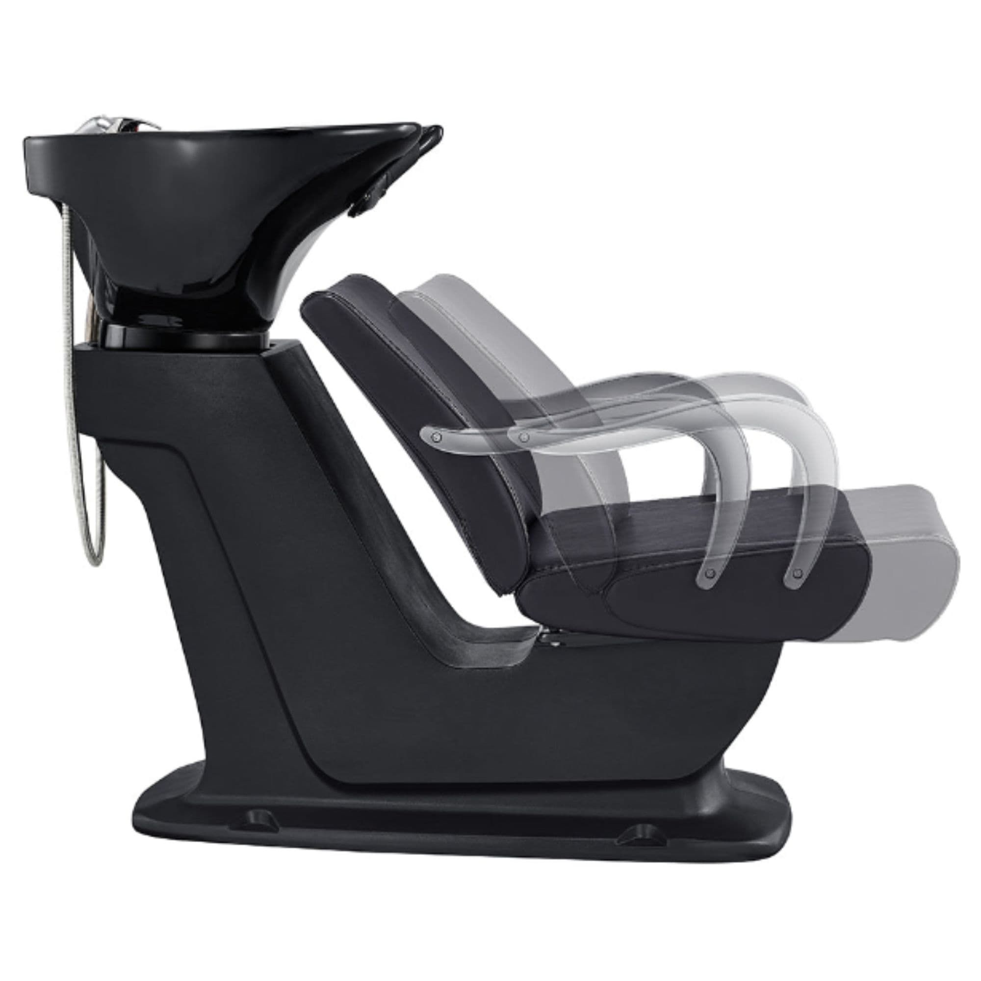 DIR Beckman Salon Shampoo Unit with Adjustable Seat Black Side View With Black Single Sink  Station And Seat Demonstration
