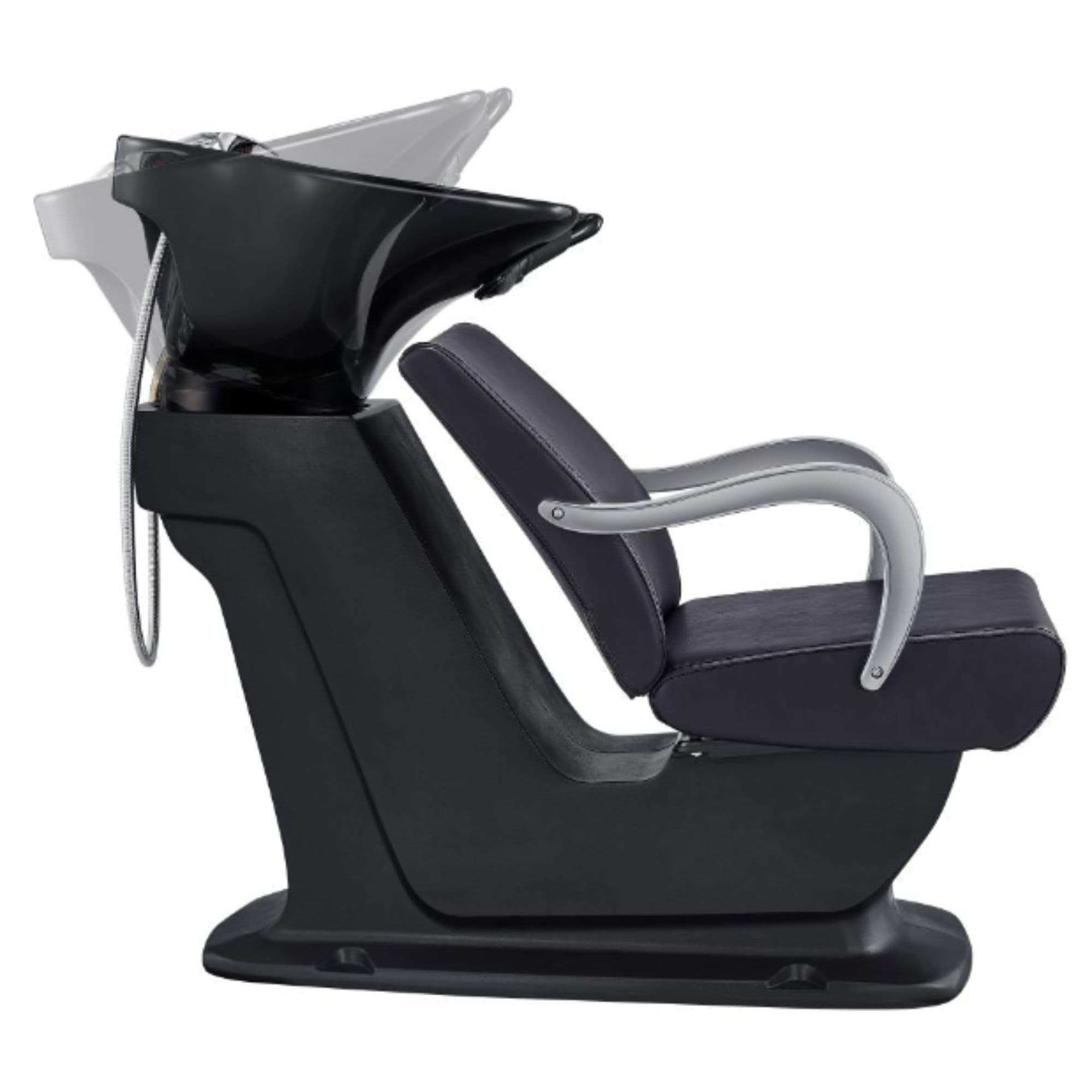 DIR Beckman Salon Shampoo Unit with Adjustable Seat Black Side View With Demo Of Black Single Sink  Station On Clean Background