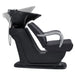 DIR Beckman Salon Shampoo Unit with Adjustable Seat Black Side View With Demo Of Black Single Sink  Station On Clean Background