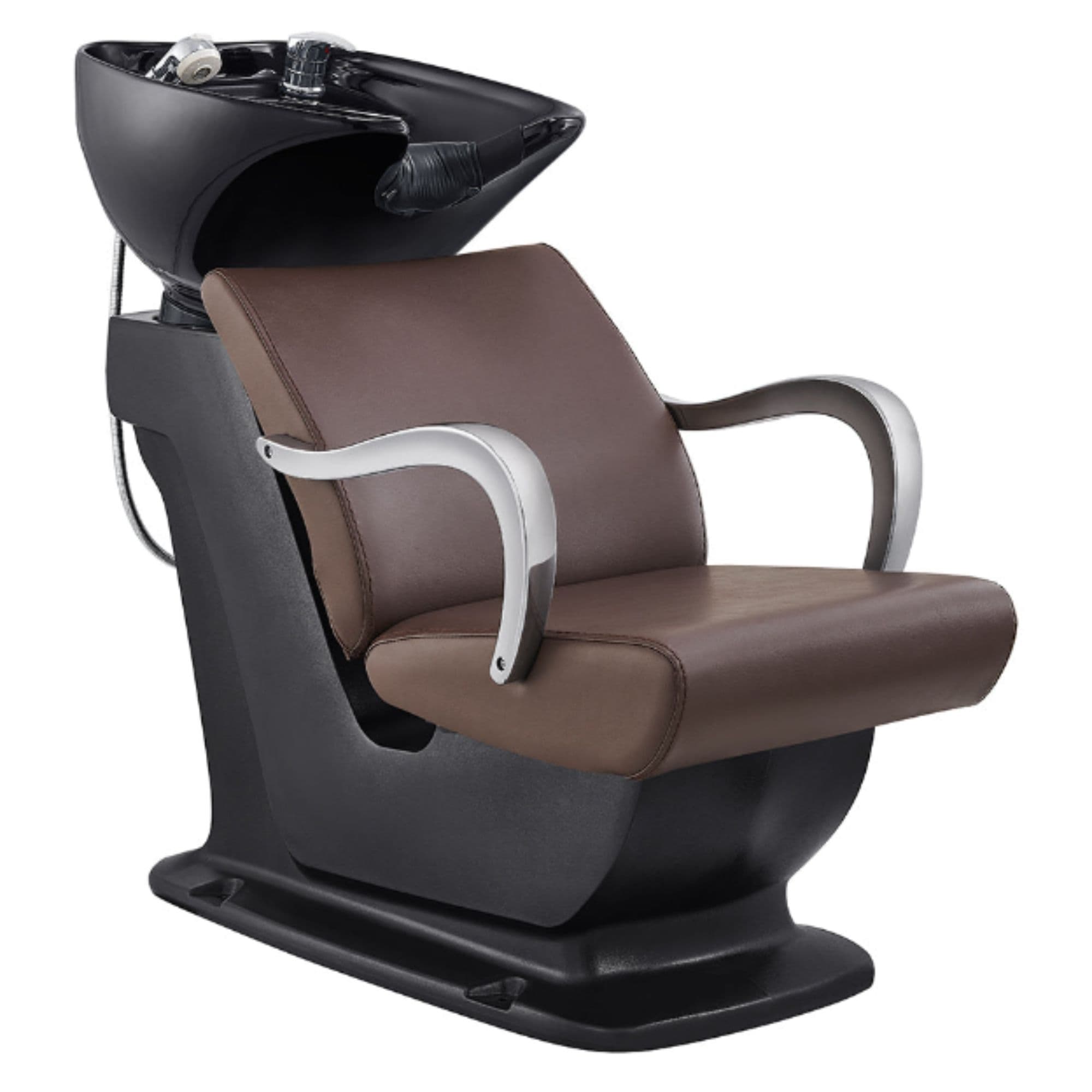 DIR Beckman Salon Shampoo Unit with Adjustable Seat Brown Front Angled View With Black Single Sink On White Background