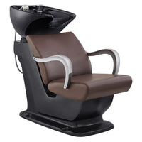 Thumbnail for DIR Beckman Salon Shampoo Unit with Adjustable Seat Brown Front Angled View With Black Single Sink On White Background