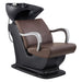 DIR Beckman Salon Shampoo Unit with Adjustable Seat Brown Front Angled View With Black Single Sink On White Background