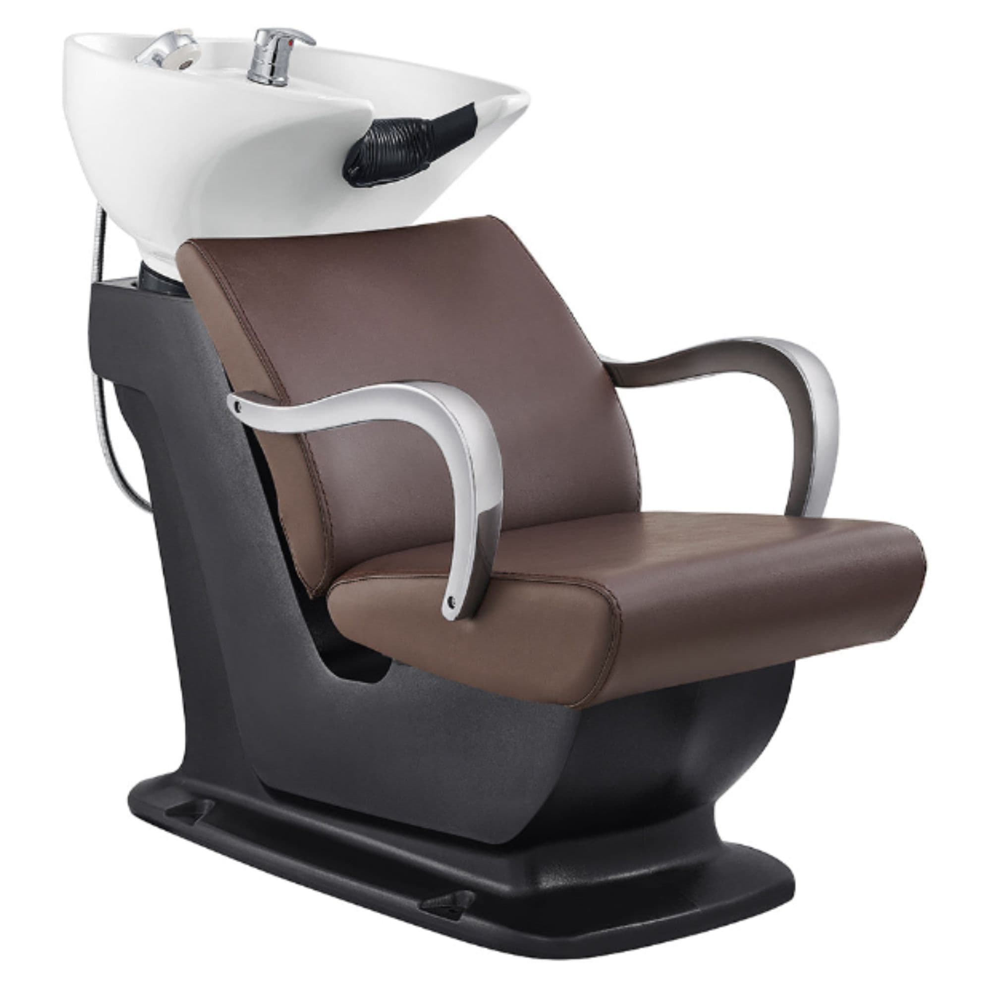 DIR Beckman Salon Shampoo Unit with Adjustable Seat Brown Front Angled View With White Single Sink On White Background