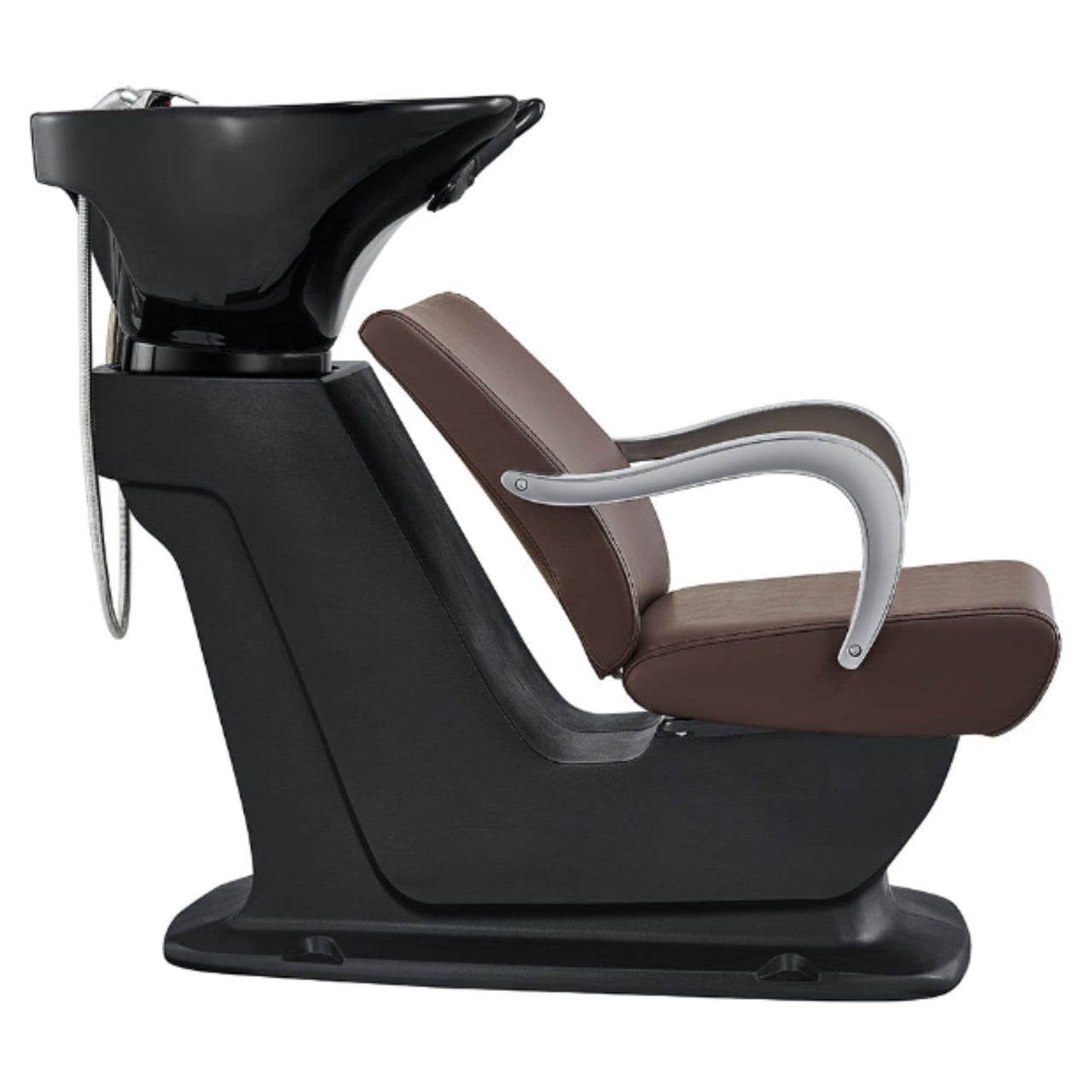 DIR Beckman Salon Shampoo Unit with Adjustable Seat Brown Side View With Black Single Sink On White Background