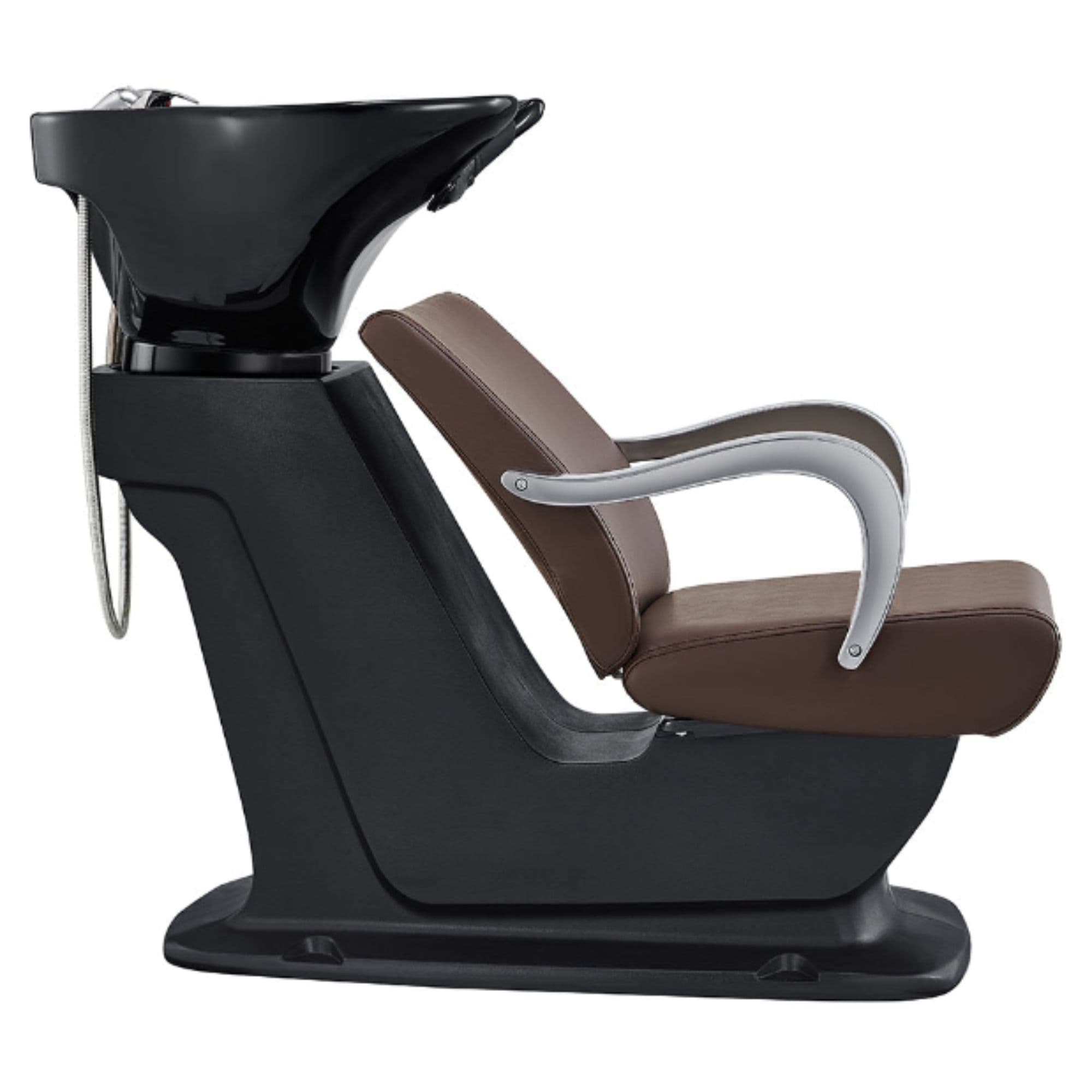 DIR Beckman Salon Shampoo Unit with Adjustable Seat Brown Side View With Black Single Sink On White Background