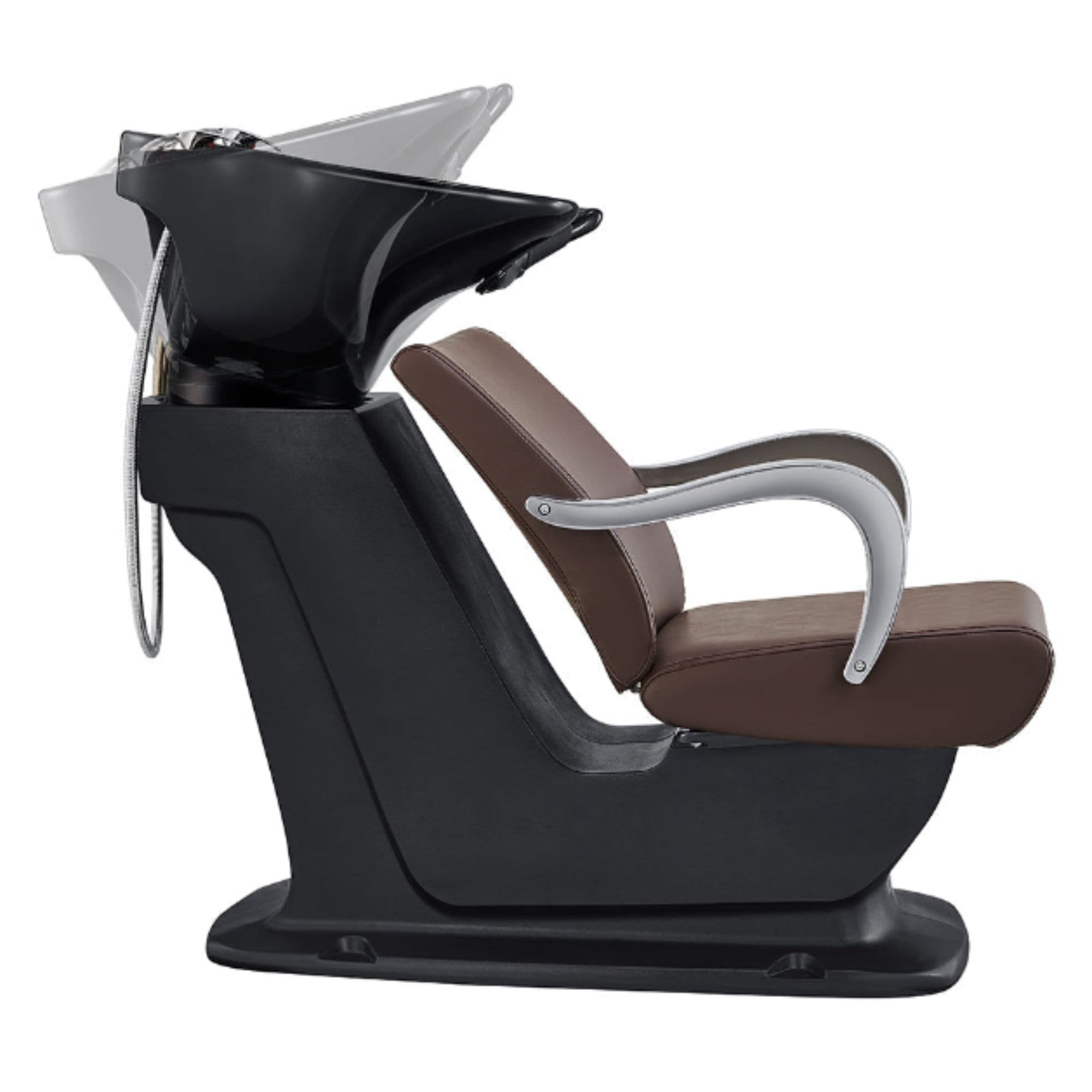 DIR Beckman Salon Shampoo Unit with Adjustable Seat Brown Side View With Demo Of Black Single Sink Station On Clean Background