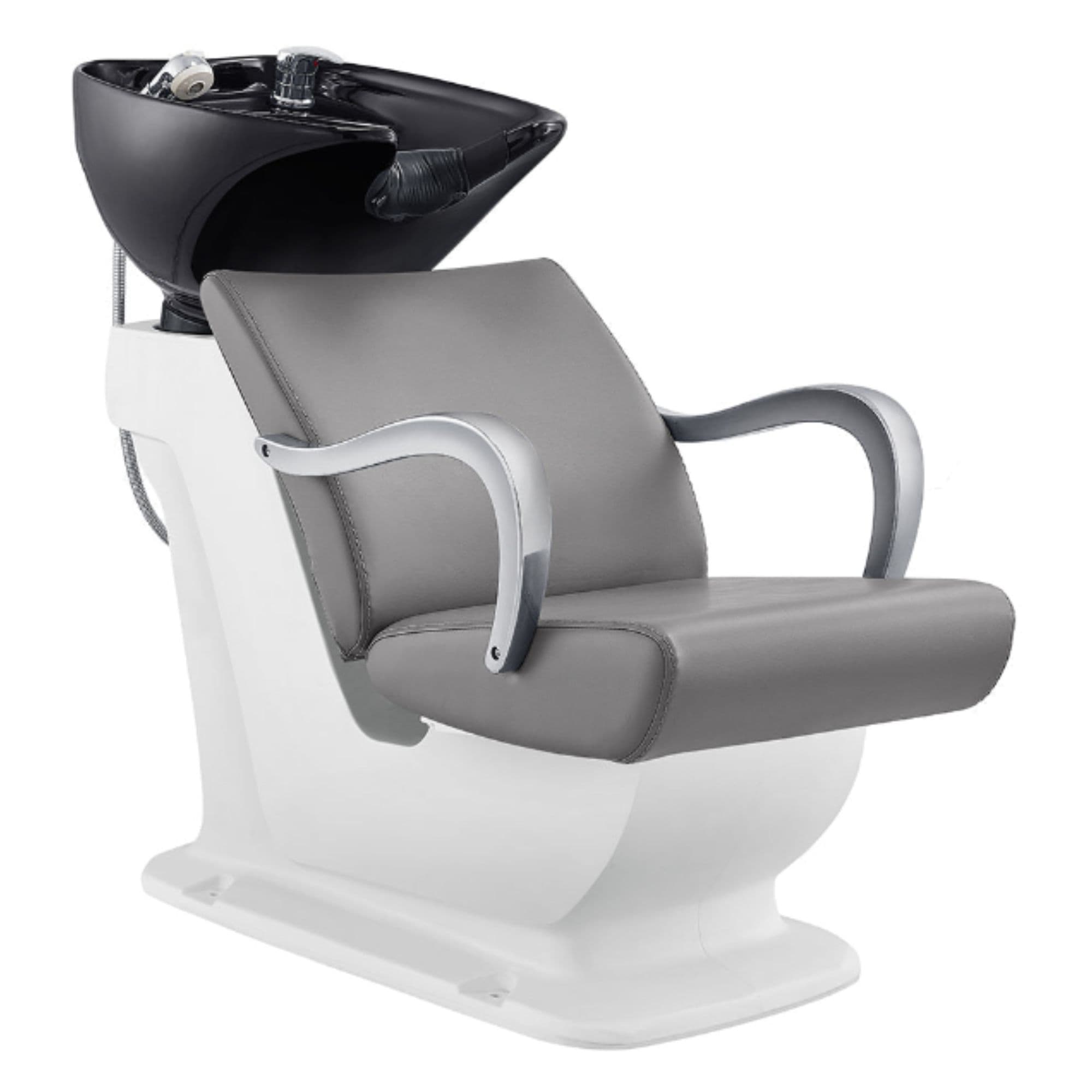 DIR Beckman Salon Shampoo Unit with Adjustable Seat Gray Front Angled View With  Black Single Wash Sink On Clean Background