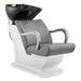 DIR Beckman Salon Shampoo Unit with Adjustable Seat Gray Front Angled View With  Black Single Wash Sink On Clean Background