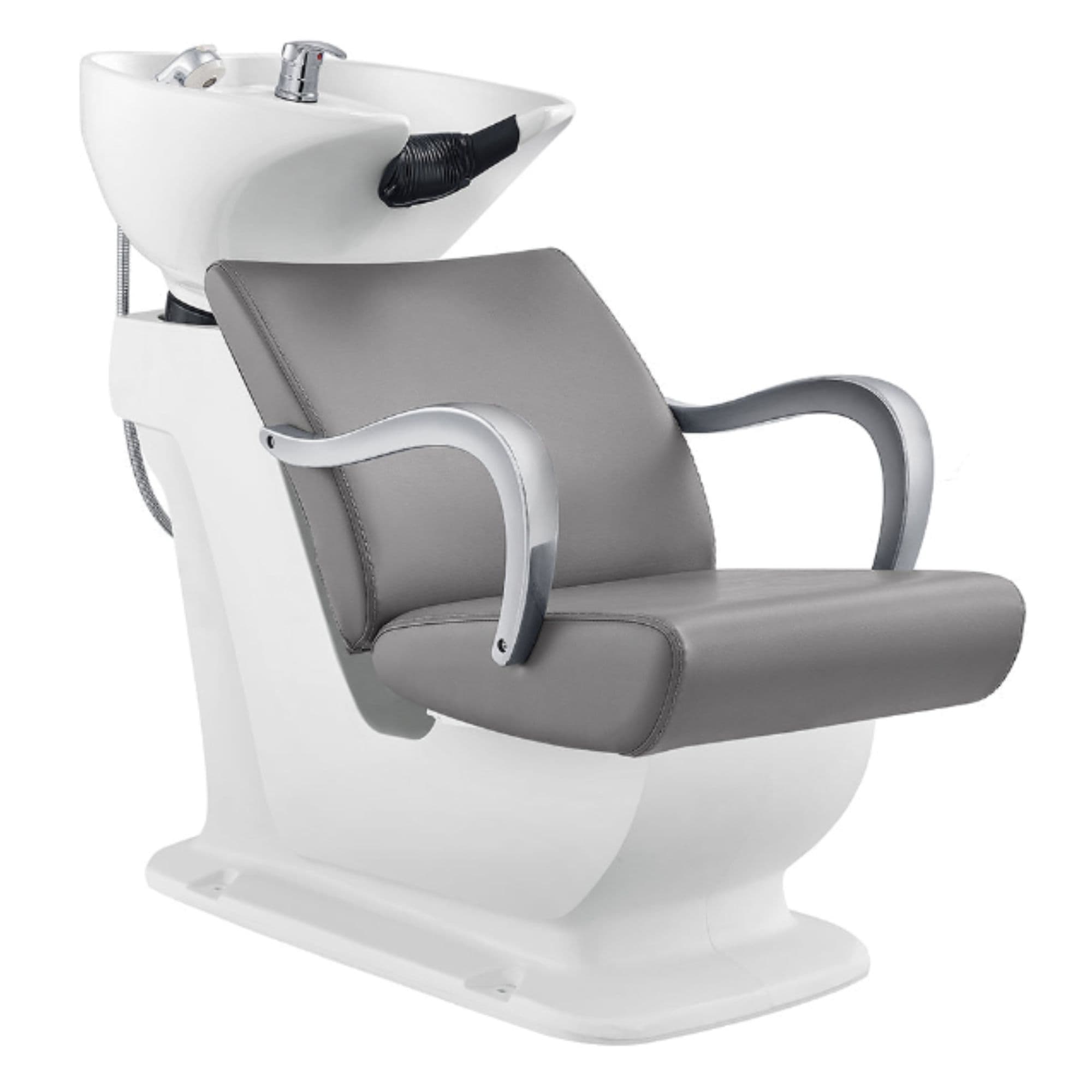 DIR Beckman Salon Shampoo Unit with Adjustable Seat Gray Front Angled View With White Single Sink On White Background
