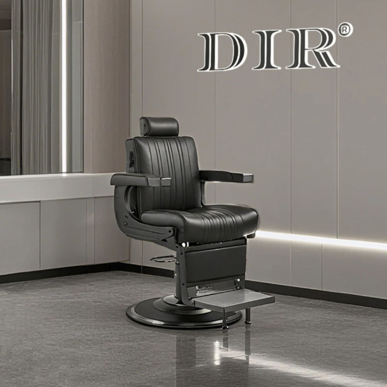DIR Belgrano Classic Barber Chair Black Variant Front Angled View With Mirror And Brand Name In The Background