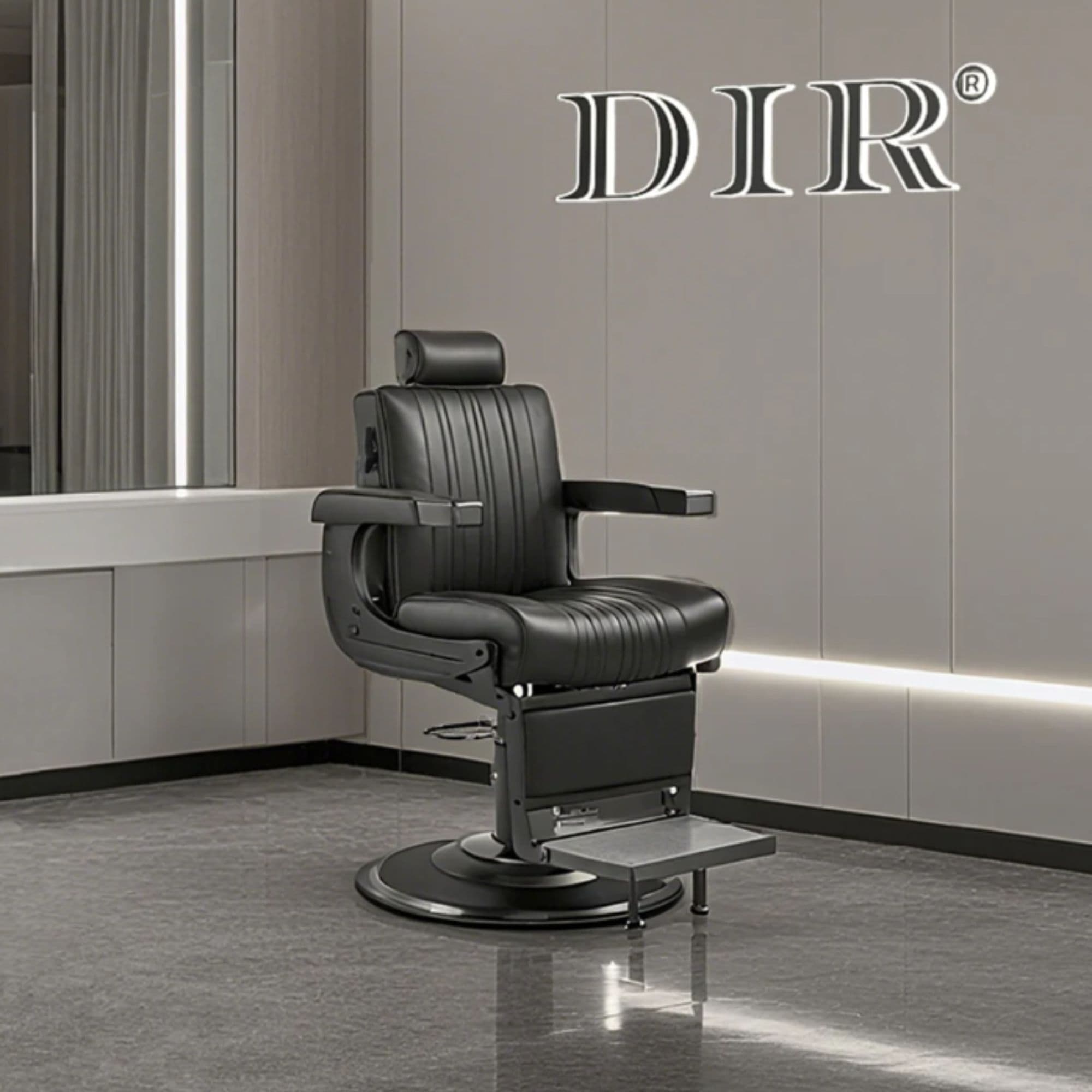DIR Belgrano Classic Barber Chair Black Variant Front Angled View With Mirror And Brand Name In The Background