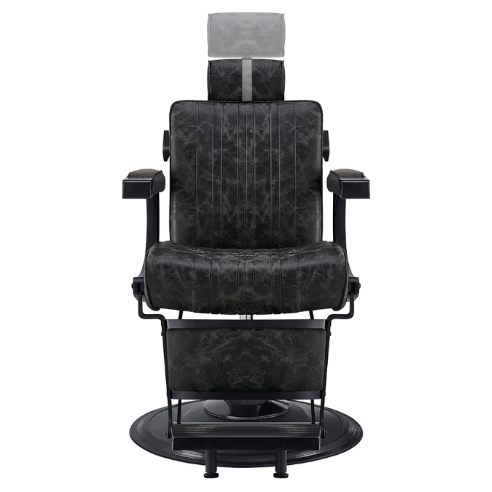 DIR Belgrano Classic Barber Chair Vintage Black Variant Front View Demonstrating Pull Out Headrest Range On White Background
