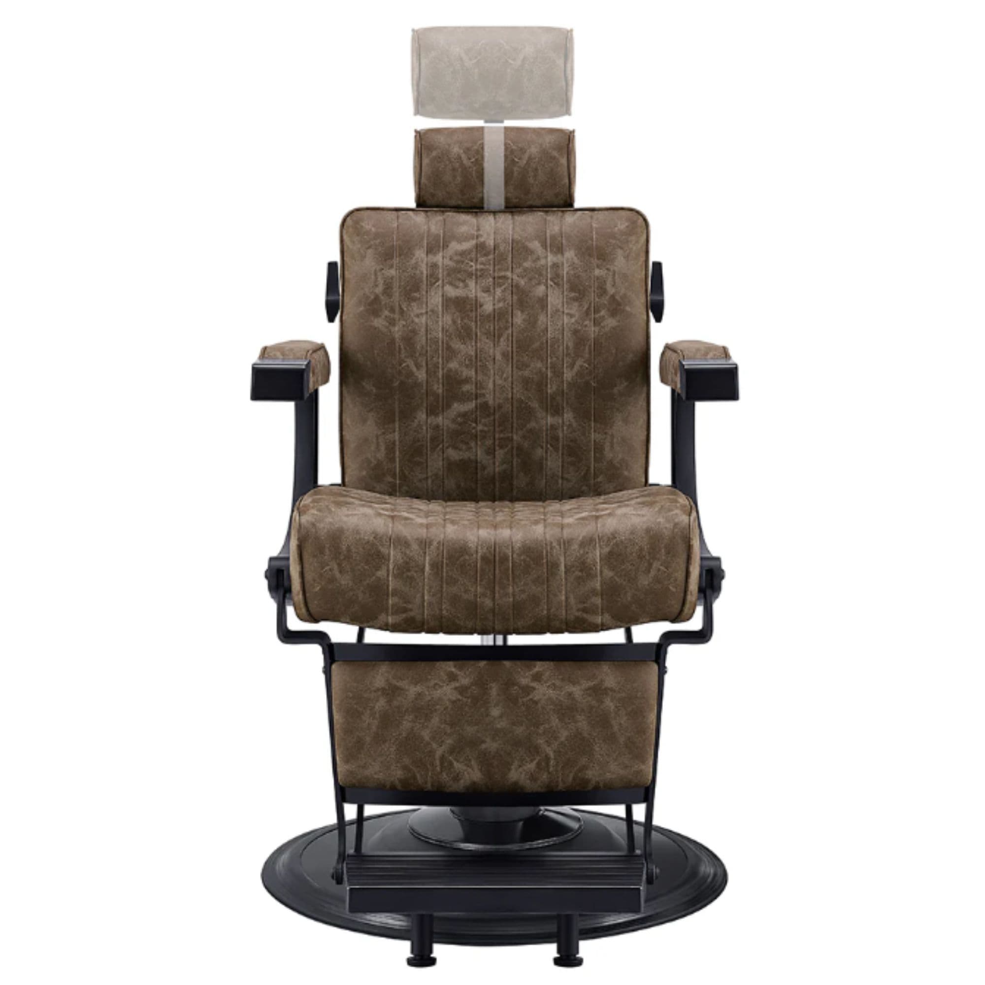 DIR Belgrano Classic Barber Chair Vintage Brown Variant Front View Demonstrating Pull Out Headrest Range On White Background