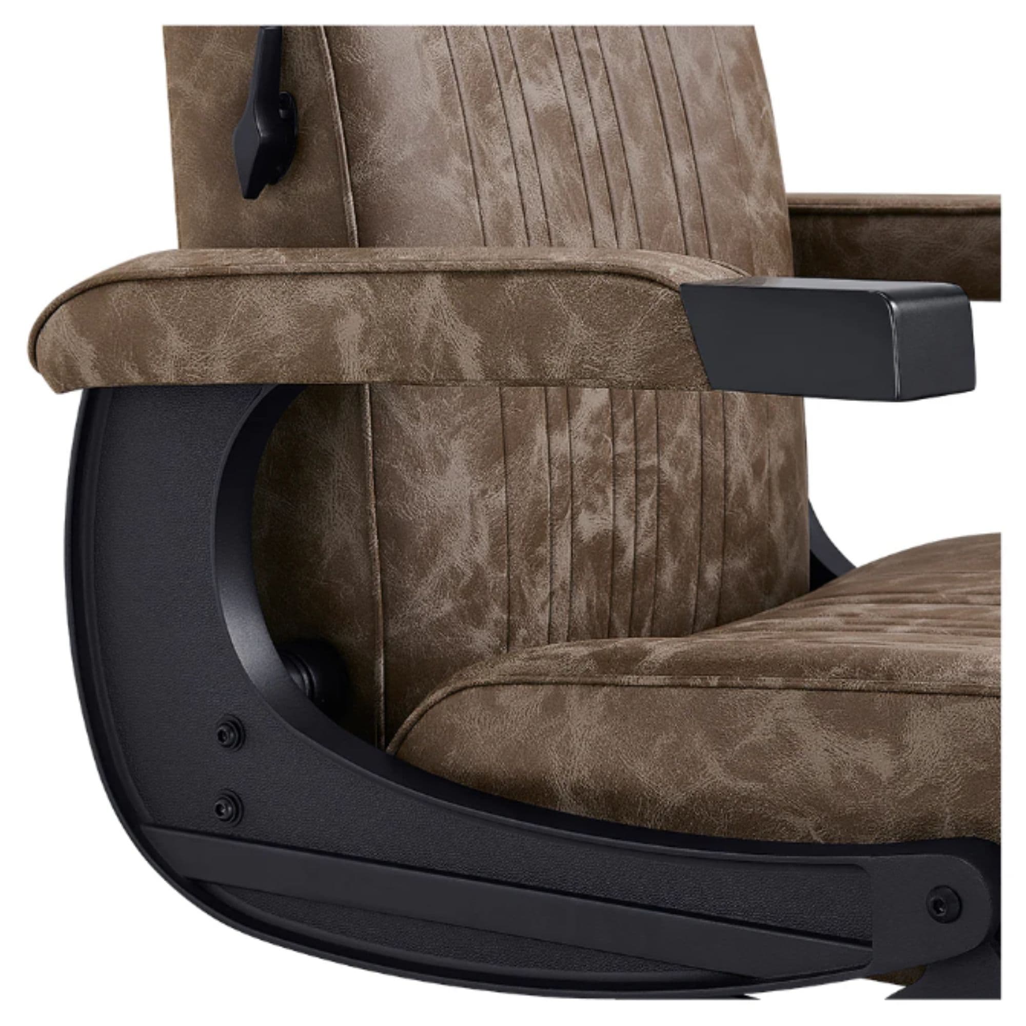 DIR Belgrano Traditional Barbershop Chair Close-Up View Of Decorative Metallic Gold Armrest Support And Vintage Brown Upholstered Seat