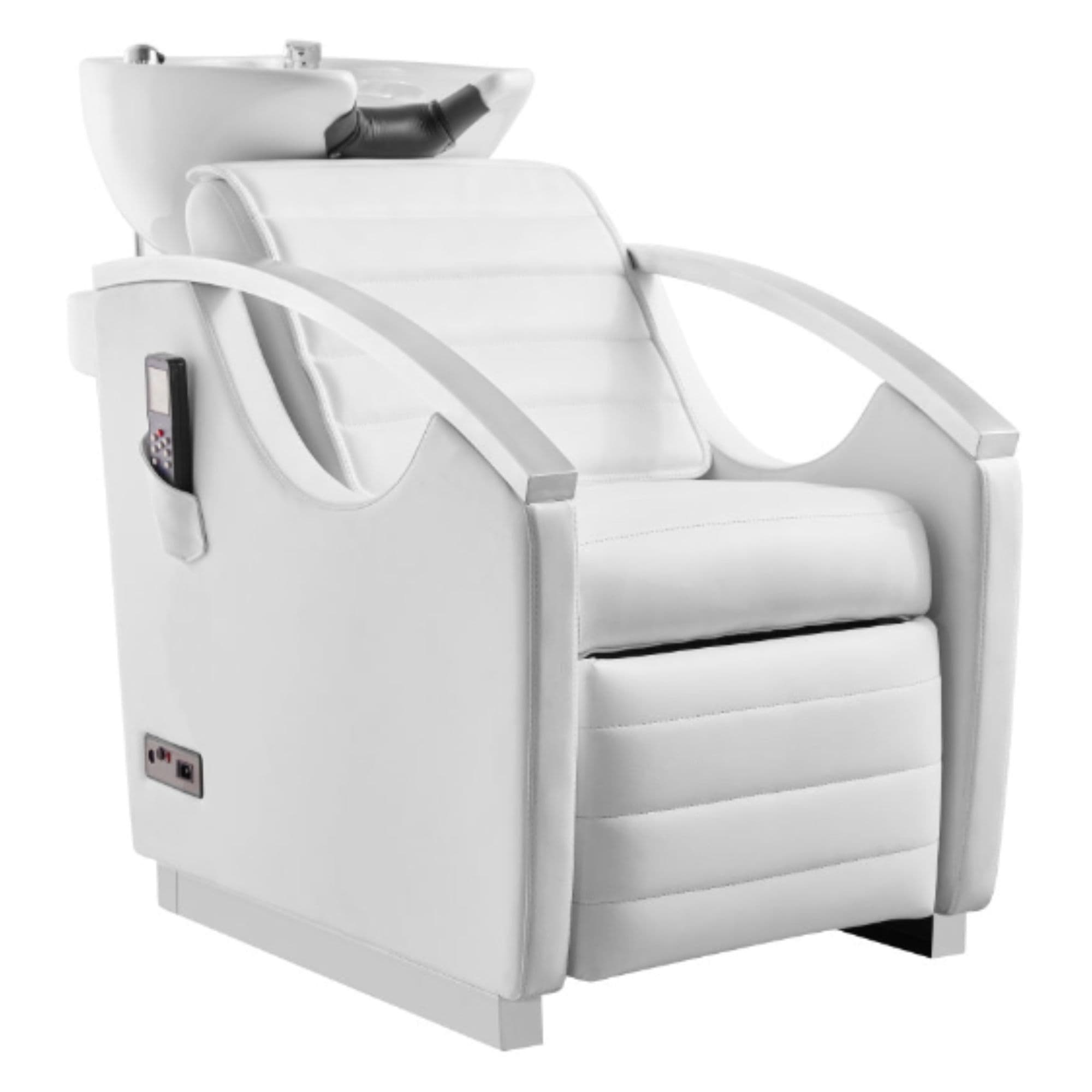 DIR Bella III Reclining Massage Shampoo Chair White Front Angled View With White Single Sink On Clean Background