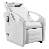 Thumbnail for DIR Bella III Reclining Massage Shampoo Chair White Front Angled View With White Single Sink On Clean Background