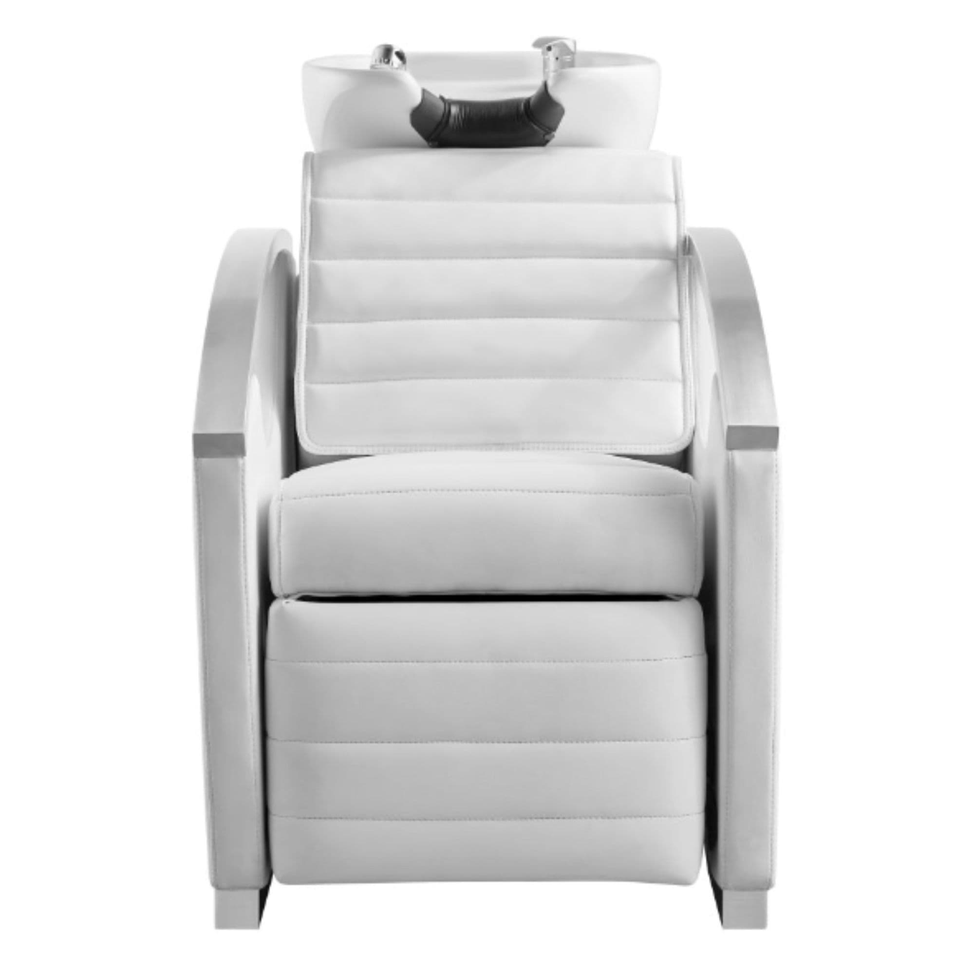 DIR Bella III Reclining Massage Shampoo Chair White Front View With White Single Sink On Clean Background