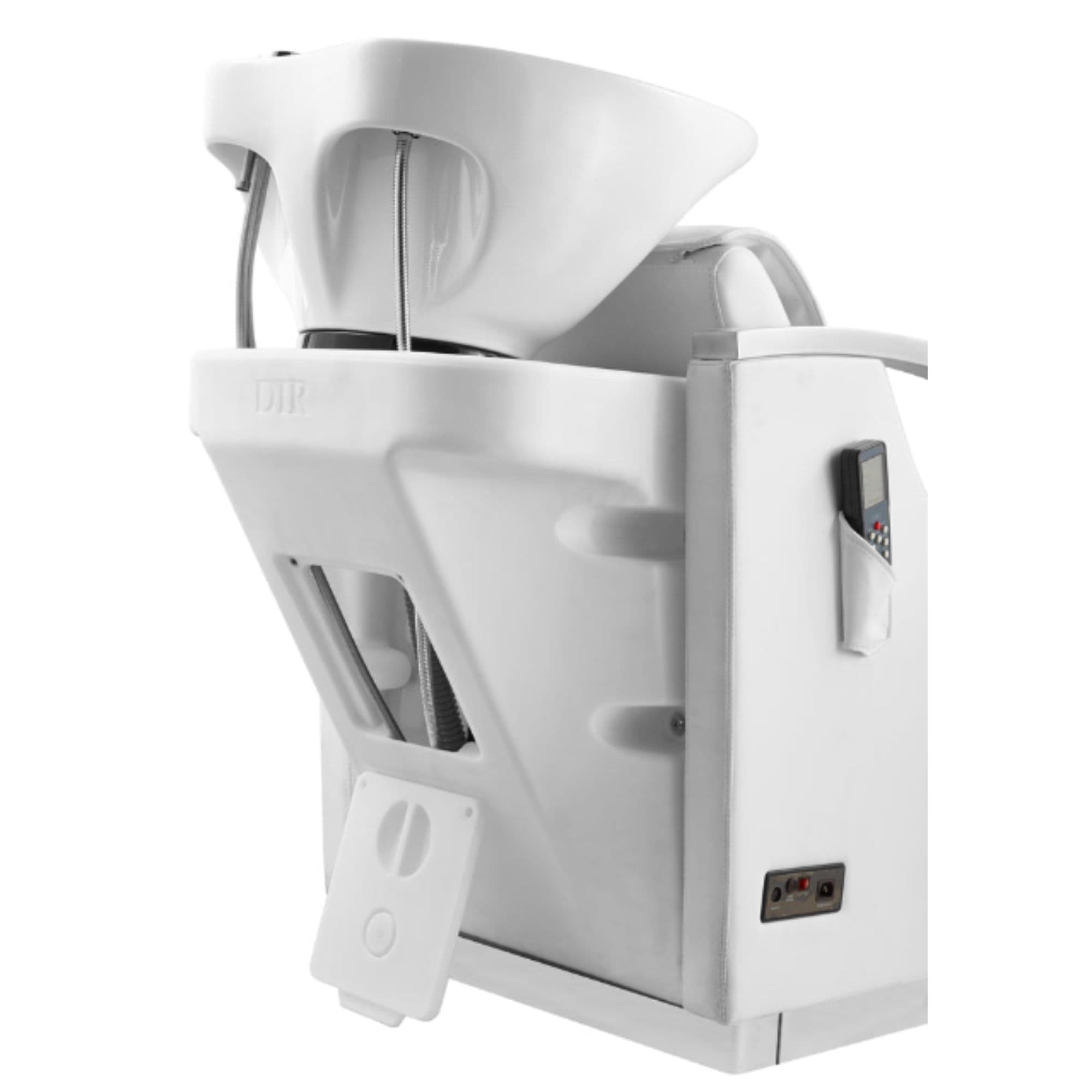 DIR Bella III Reclining Massage Shampoo Chair White Rear View With White Single Assembly On White Background