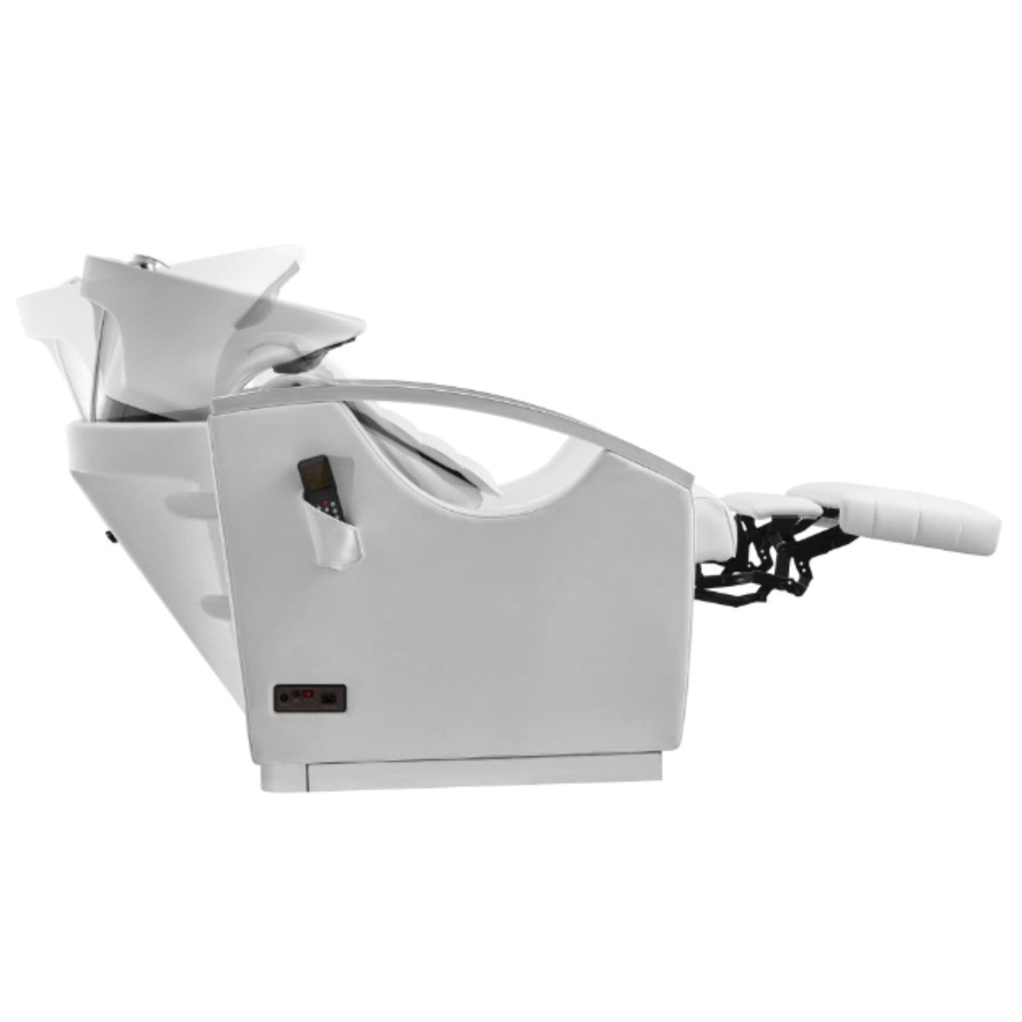DIR Bella III Reclining Massage Shampoo Chair White Side View With White Single Sink Demo And Extended Leg Rest On White Background