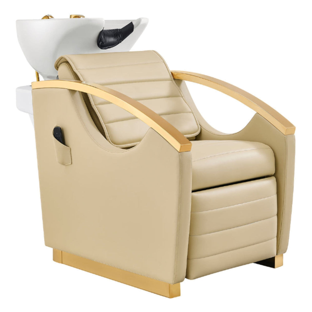 DIR Bella V Gold Reclining Salon Shampoo Massage Chairs Beige Front Angled View With White Single Sink On Clean Background