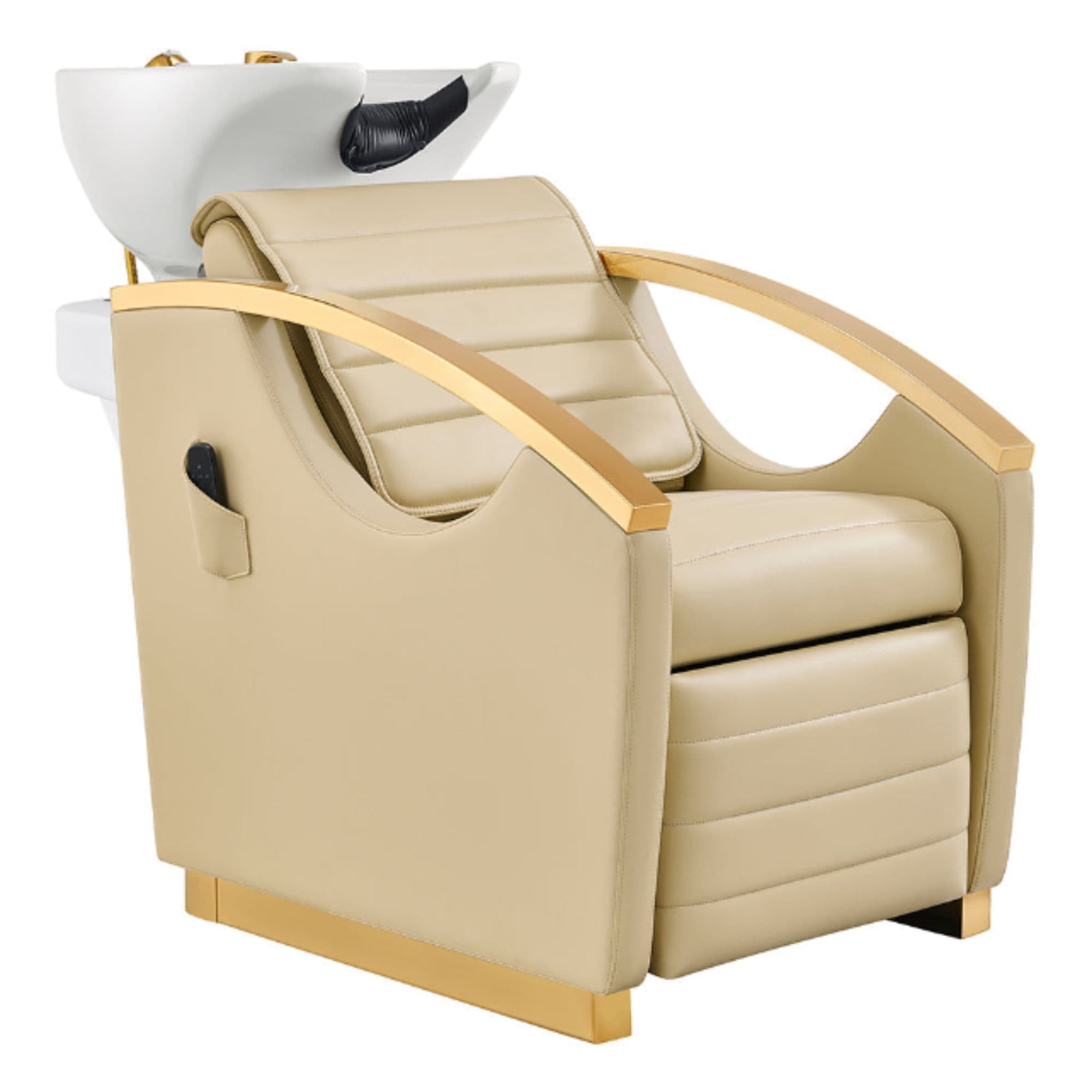 DIR Bella V Gold Reclining Salon Shampoo Massage Chairs Beige Front Angled View With White Single Sink On Clean Background