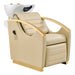 DIR Bella V Gold Reclining Salon Shampoo Massage Chairs Beige Front Angled View With White Single Sink On Clean Background