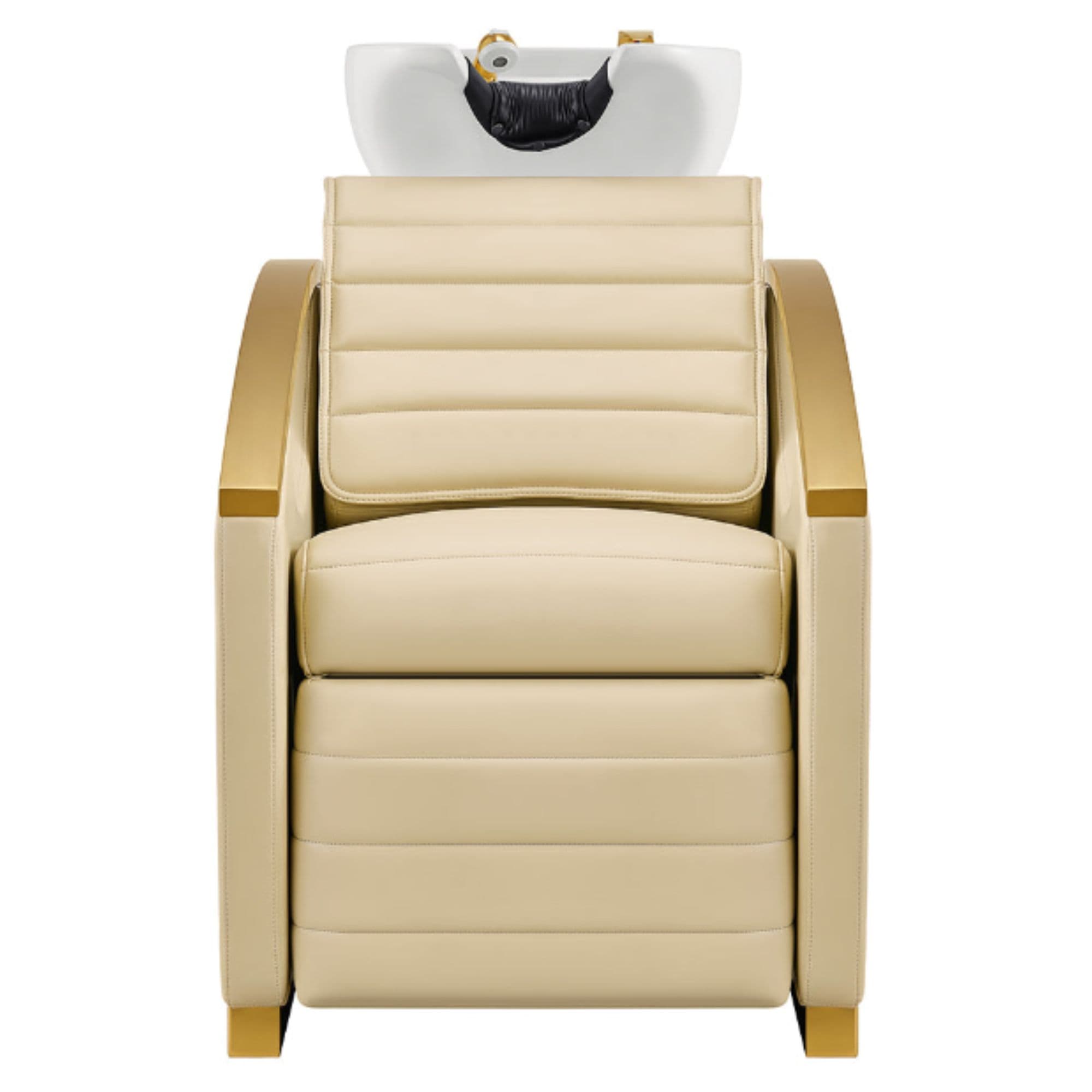 DIR Bella V Gold Reclining Salon Shampoo Massage Chairs Beige Front View With White Single Sink On White Background