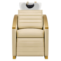 Thumbnail for DIR Bella V Gold Reclining Salon Shampoo Massage Chairs Beige Front View With White Single Sink On White Background