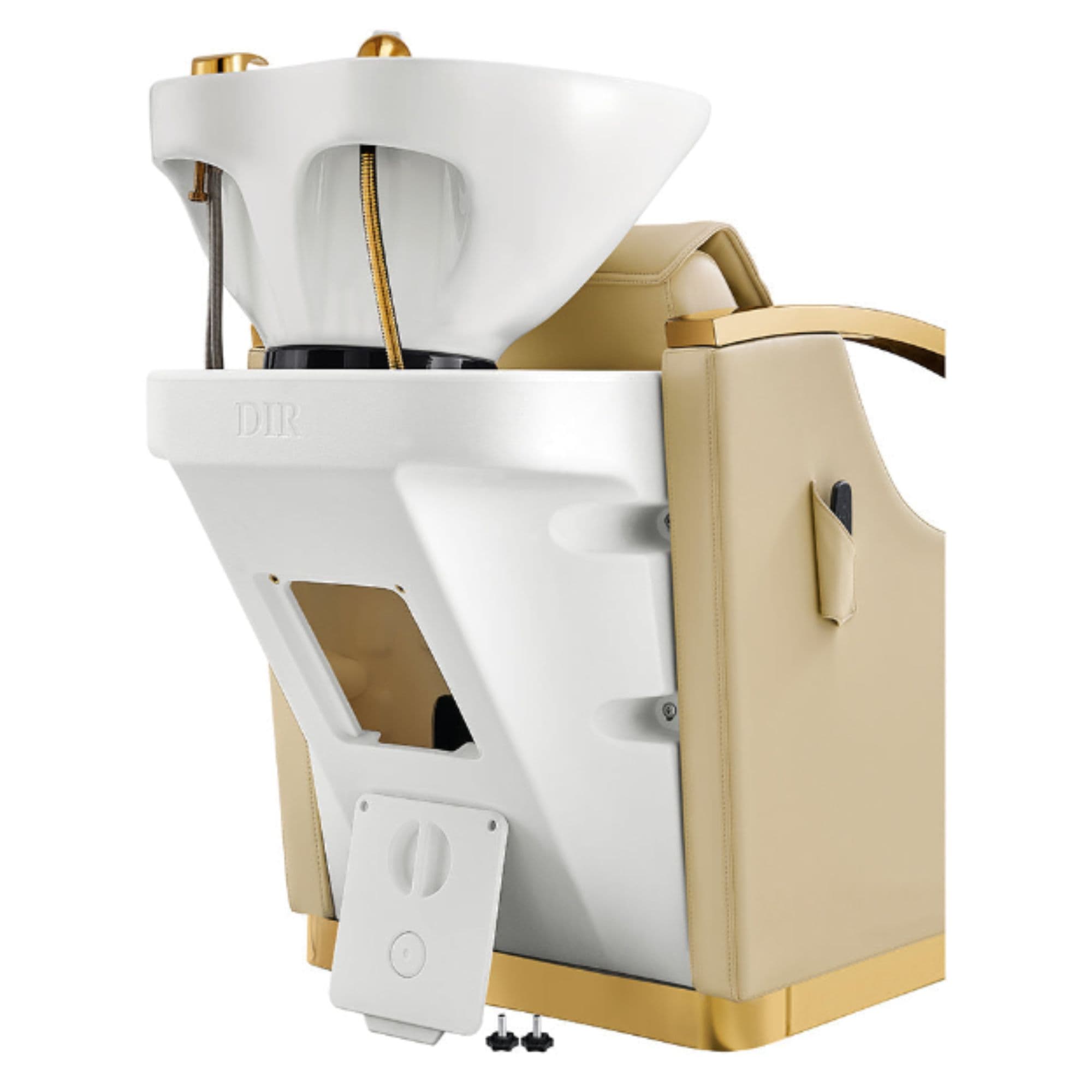 DIR Bella V Gold Reclining Salon Shampoo Massage Chairs Beige Rear View With White Single Assembly On White Background