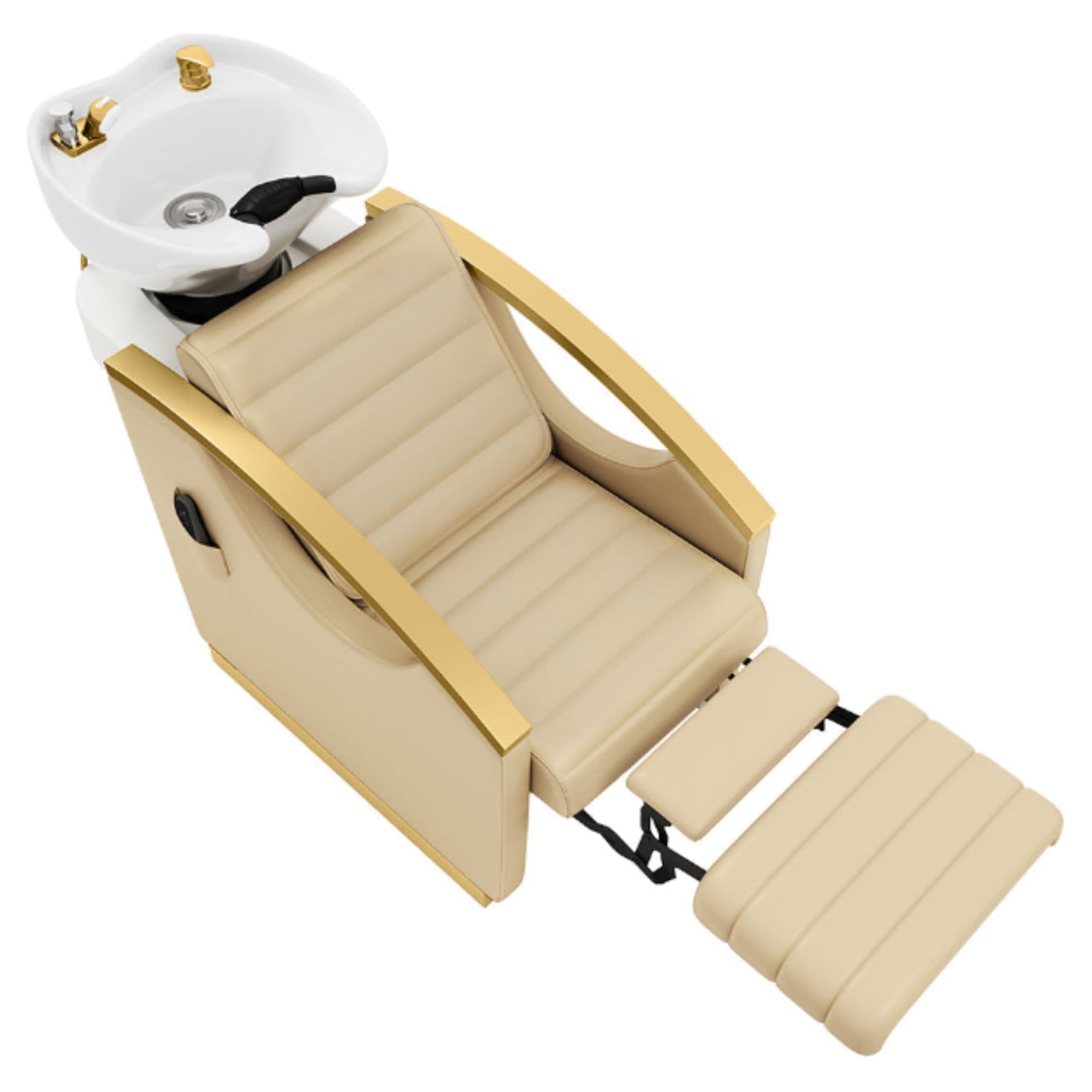 DIR Bella V Gold Reclining Salon Shampoo Massage Chairs Beige Top Angled View With White Single Sink And Extended Leg Rest On Clean Background